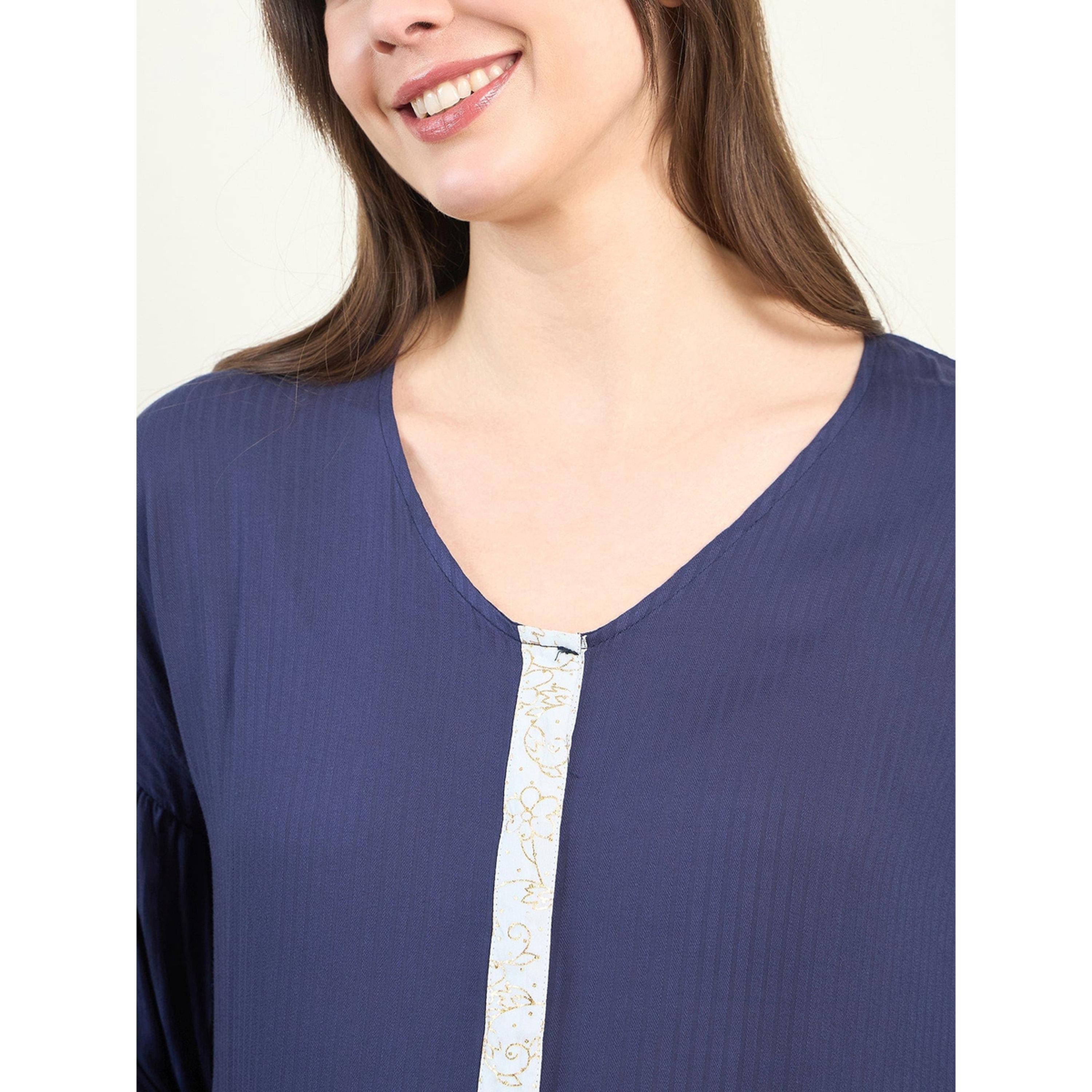 The Kaftan Company X Styli Navy Blue Maternity Viscose Midi Shirt Dress with 3/4 Sleeves-women-clothing-maternity-dresses-image-5