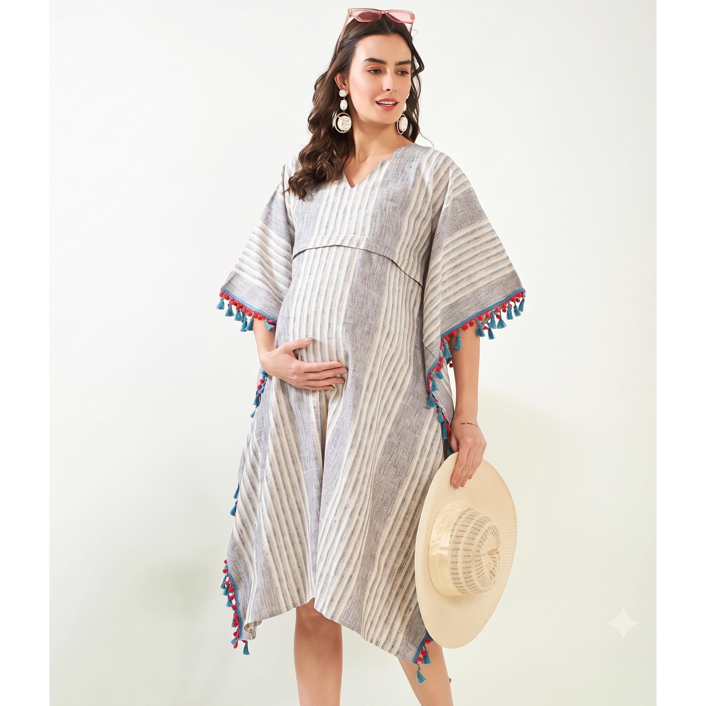 قفطان رضاعة قطن للحوامل بتفاصيل شراشيب ومخطط-women-clothing-maternity-dresses-image-1
