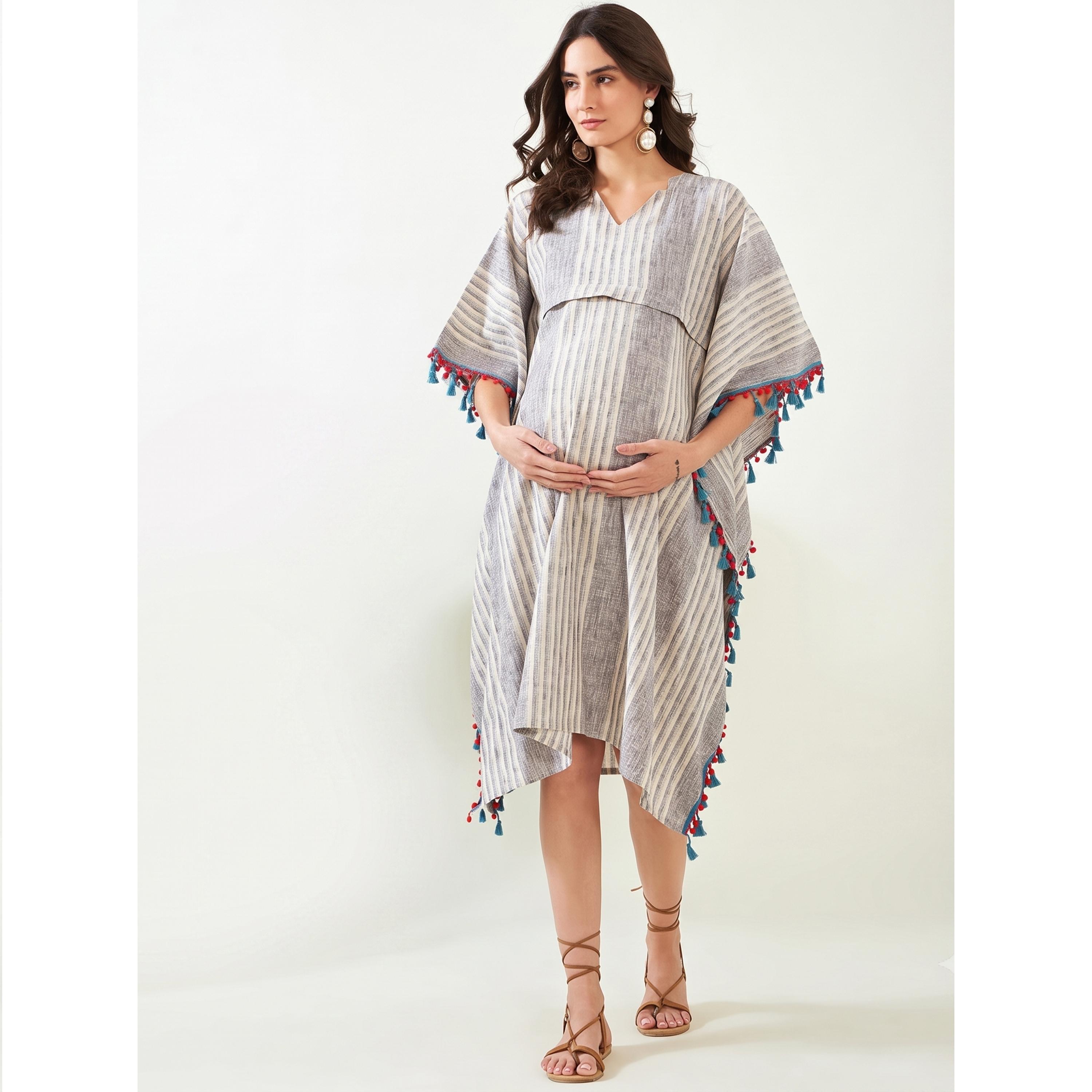 قفطان رضاعة قطن للحوامل بتفاصيل شراشيب ومخطط-women-clothing-maternity-dresses-image-2