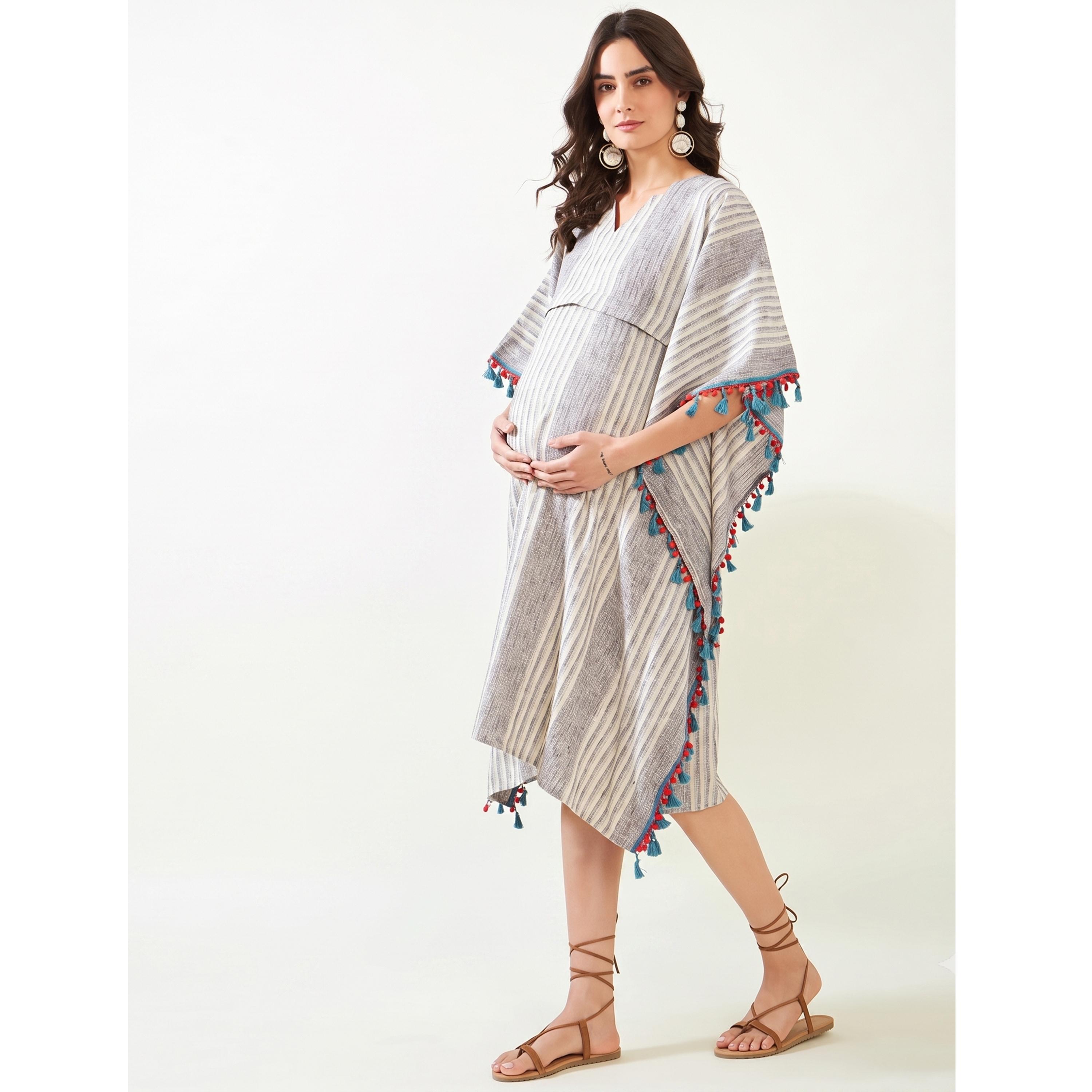 قفطان رضاعة قطن للحوامل بتفاصيل شراشيب ومخطط-women-clothing-maternity-dresses-image-3