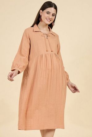 فستان ميدي قطن بياقة بربطة للحوامل-women-clothing-maternity-image-1