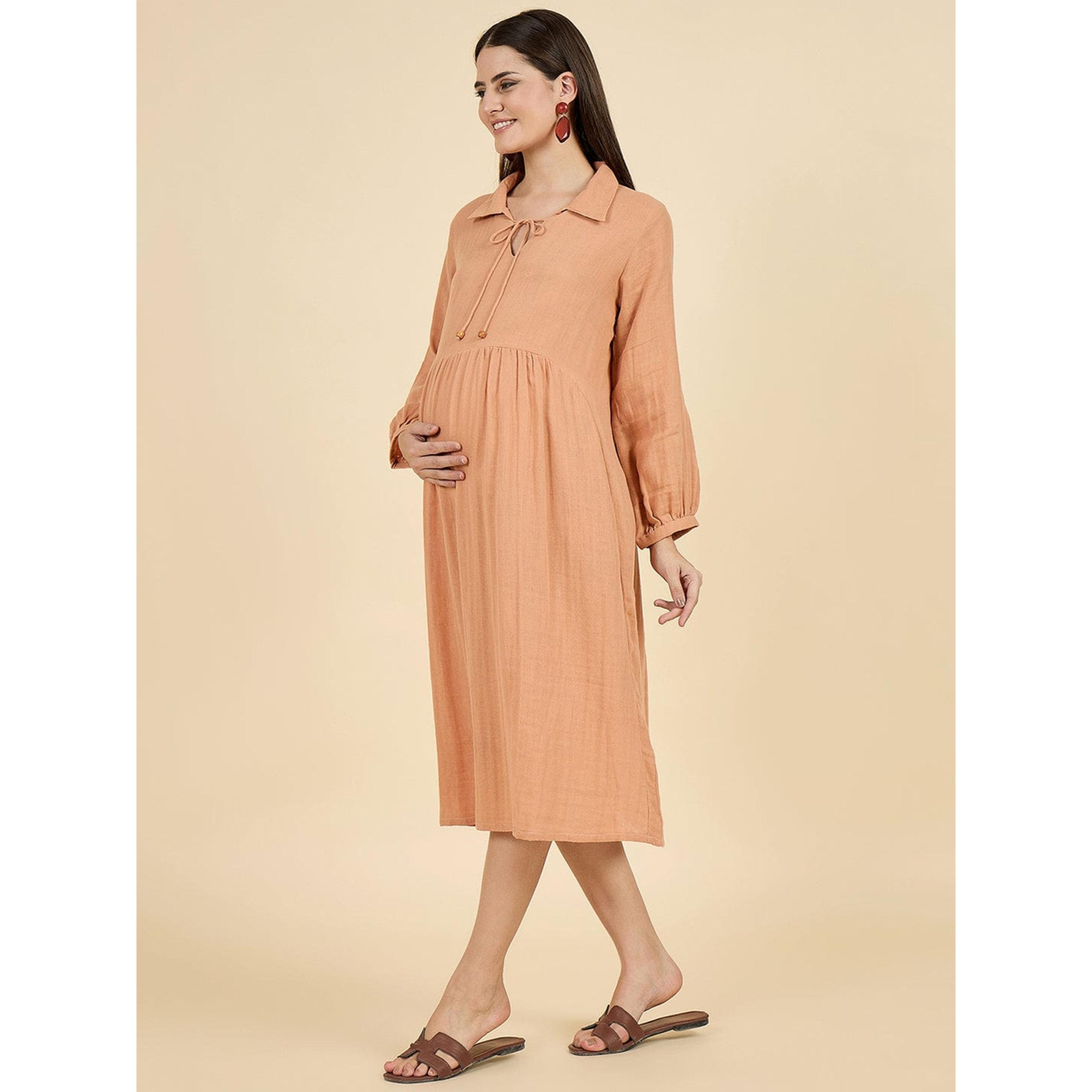 فستان ميدي قطن بياقة بربطة للحوامل-women-clothing-maternity-dresses-image-3