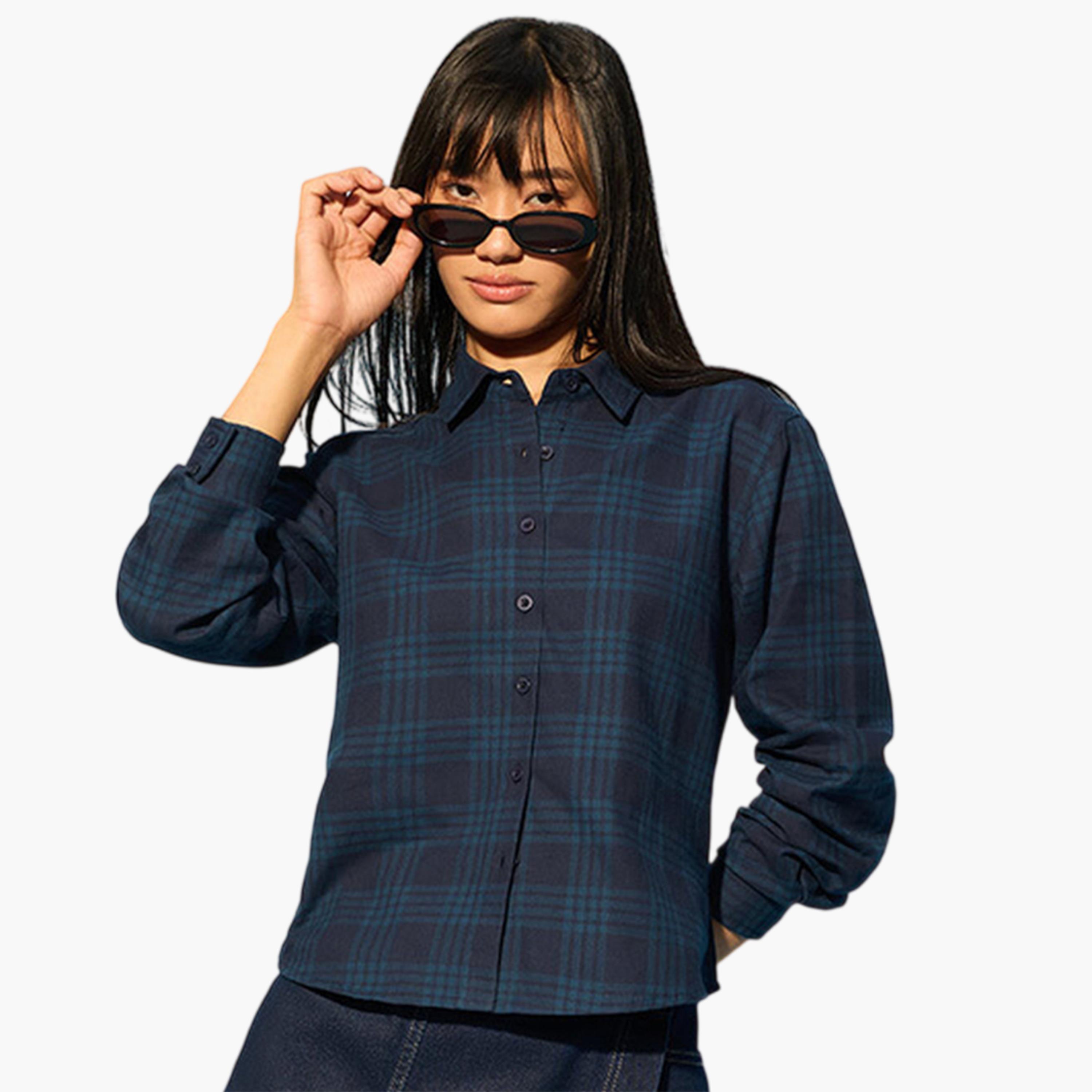 قميص نسائي كحلي بطبعة مربعات بقصة مستقيمة-women-clothing-shirtsandblouses-shirts-image-1