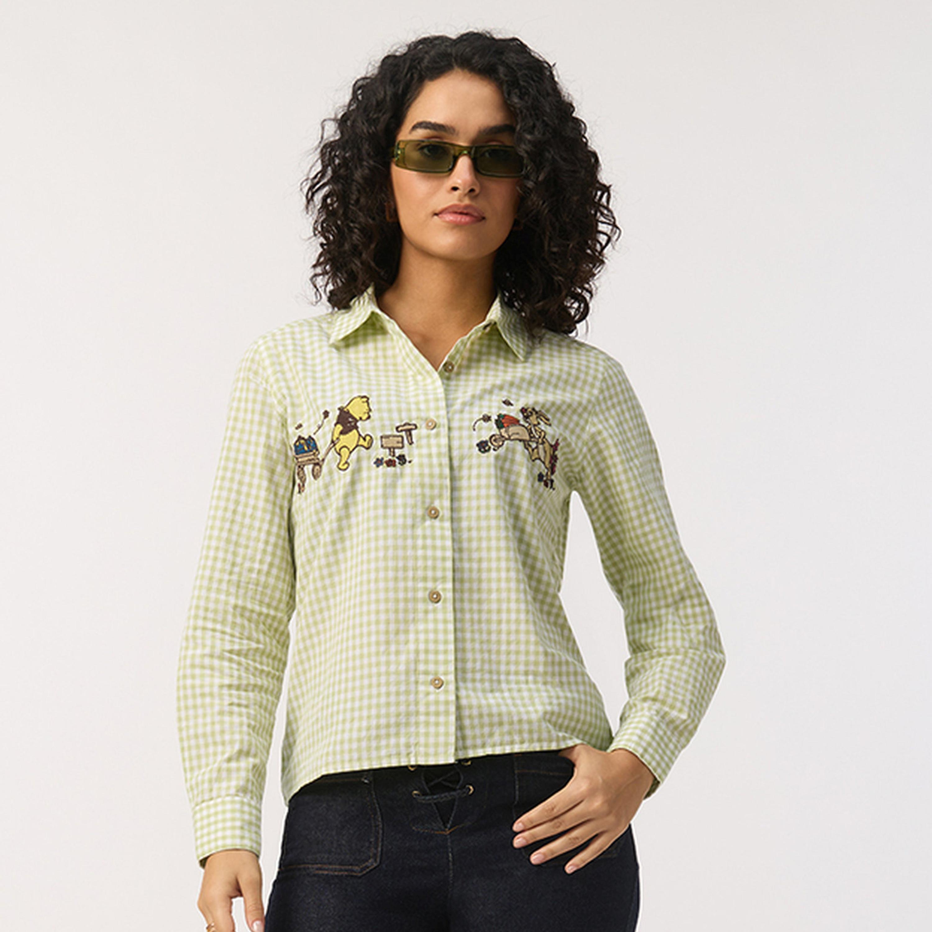 The Souled Store X Styli Green Gingham Pooh and Friends Embroidered Shirt-women-clothing-shirtsandblouses-shirts-image-1