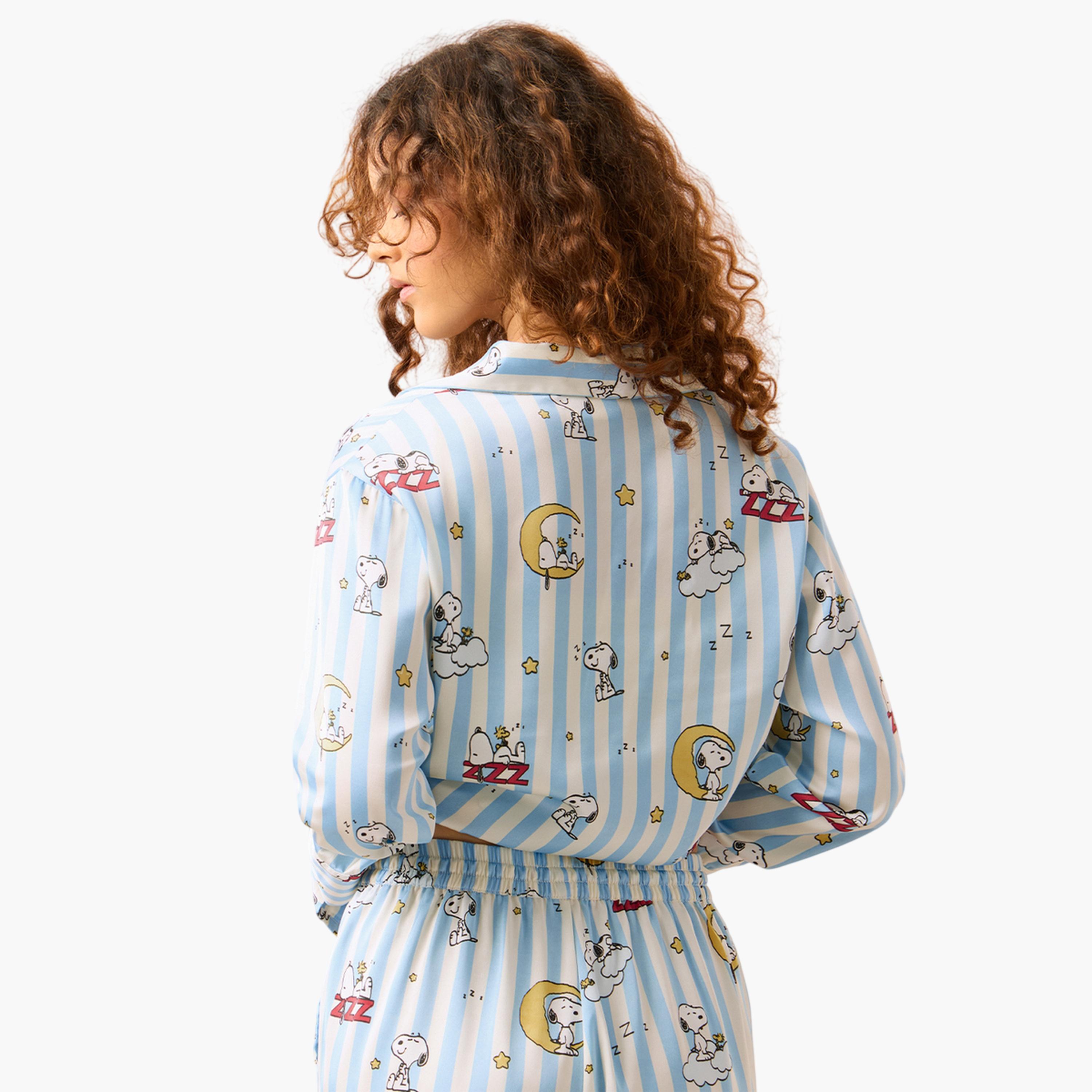 بلوزة زرقاء بقصة مريحة ومخططة بطبعة سنوبي-women-clothing-shirtsandblouses-shirts-image-5