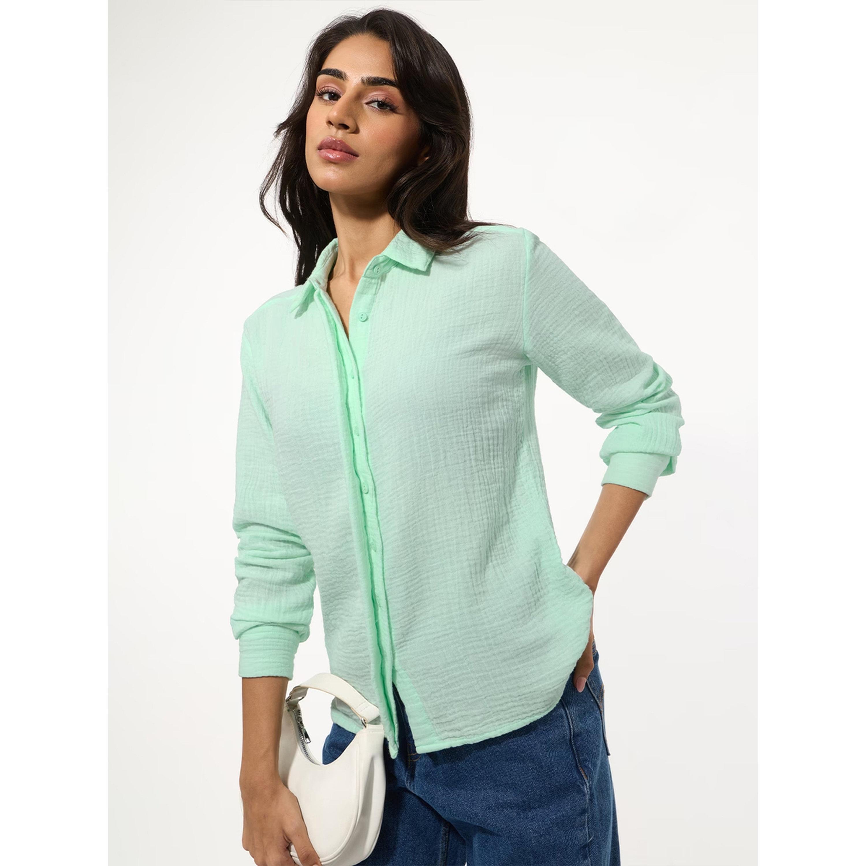 The Souled Store X Styli Womens Relaxed Fit Green Long Sleeve Textured Shirt-women-clothing-shirtsandblouses-shirts-image-1