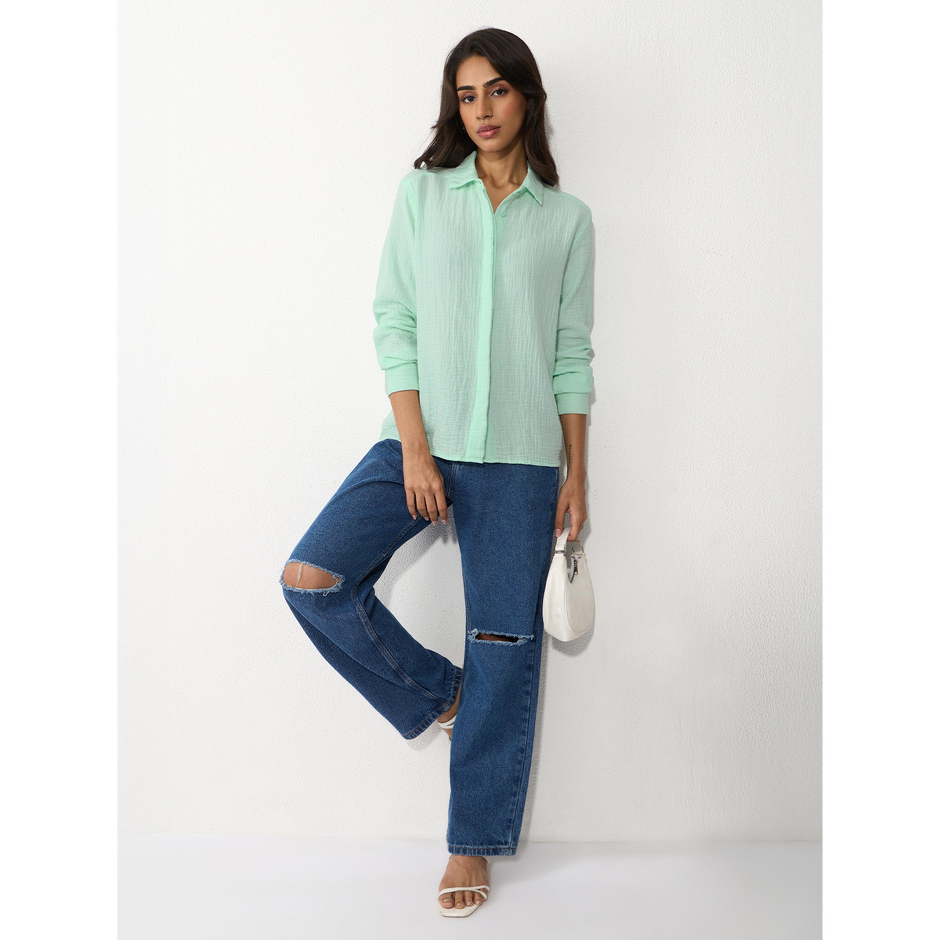 The Souled Store X Styli Womens Relaxed Fit Green Long Sleeve Textured Shirt-women-clothing-shirtsandblouses-shirts-image-2