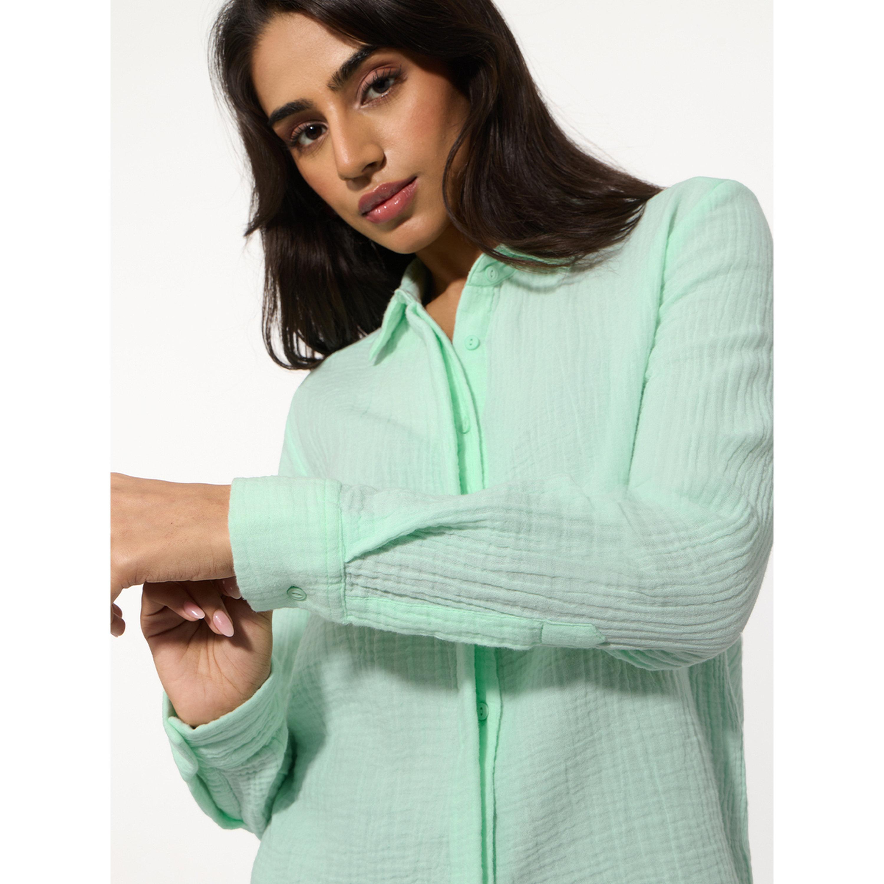 The Souled Store X Styli Womens Relaxed Fit Green Long Sleeve Textured Shirt-women-clothing-shirtsandblouses-shirts-image-4