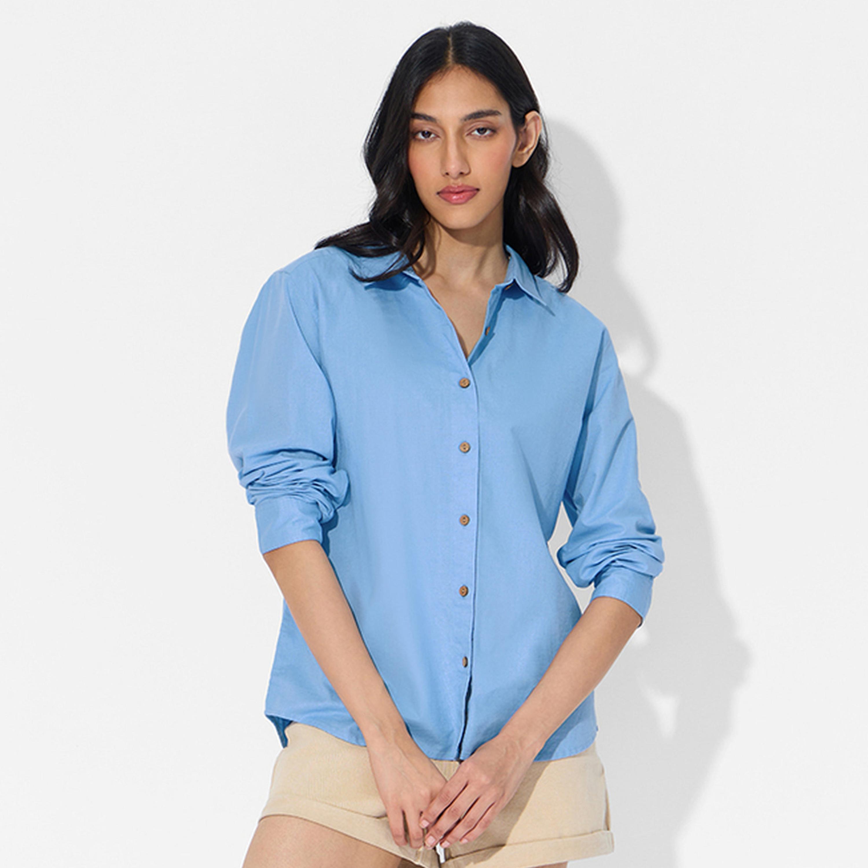 بلوزة مزيج الكتان زرقاء بقصة مستقيمة-women-clothing-shirtsandblouses-shirts-image-1