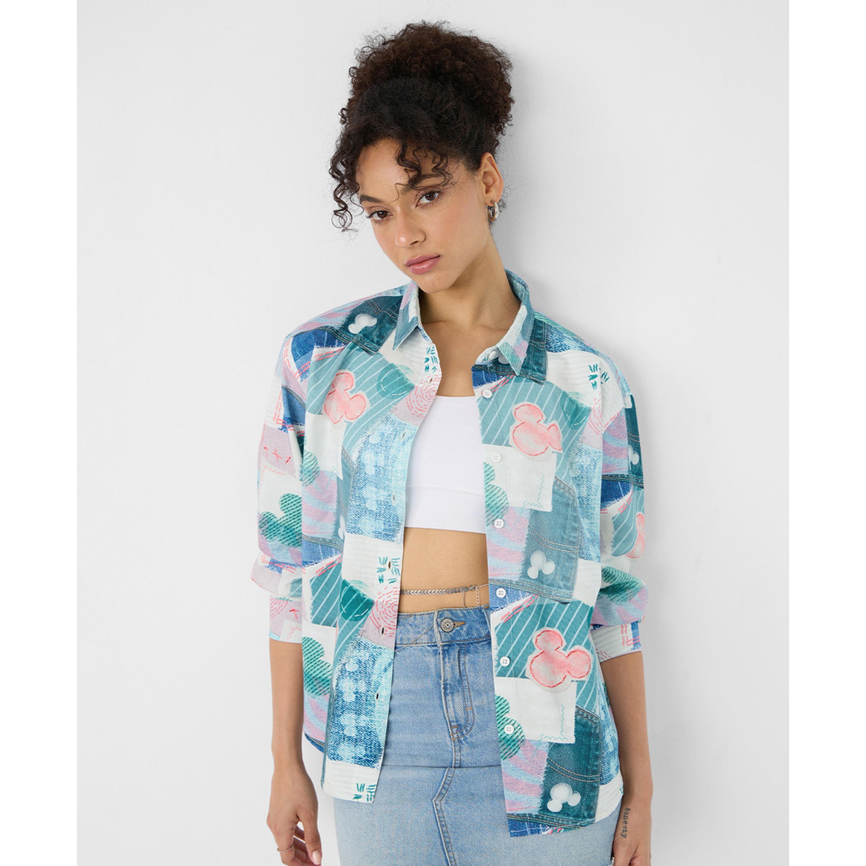 The Souled Store X Styli Blue Mickey Mouse Patchwork Oversized Long Sleeve Shirt-women-clothing-shirtsandblouses-shirts-image-1