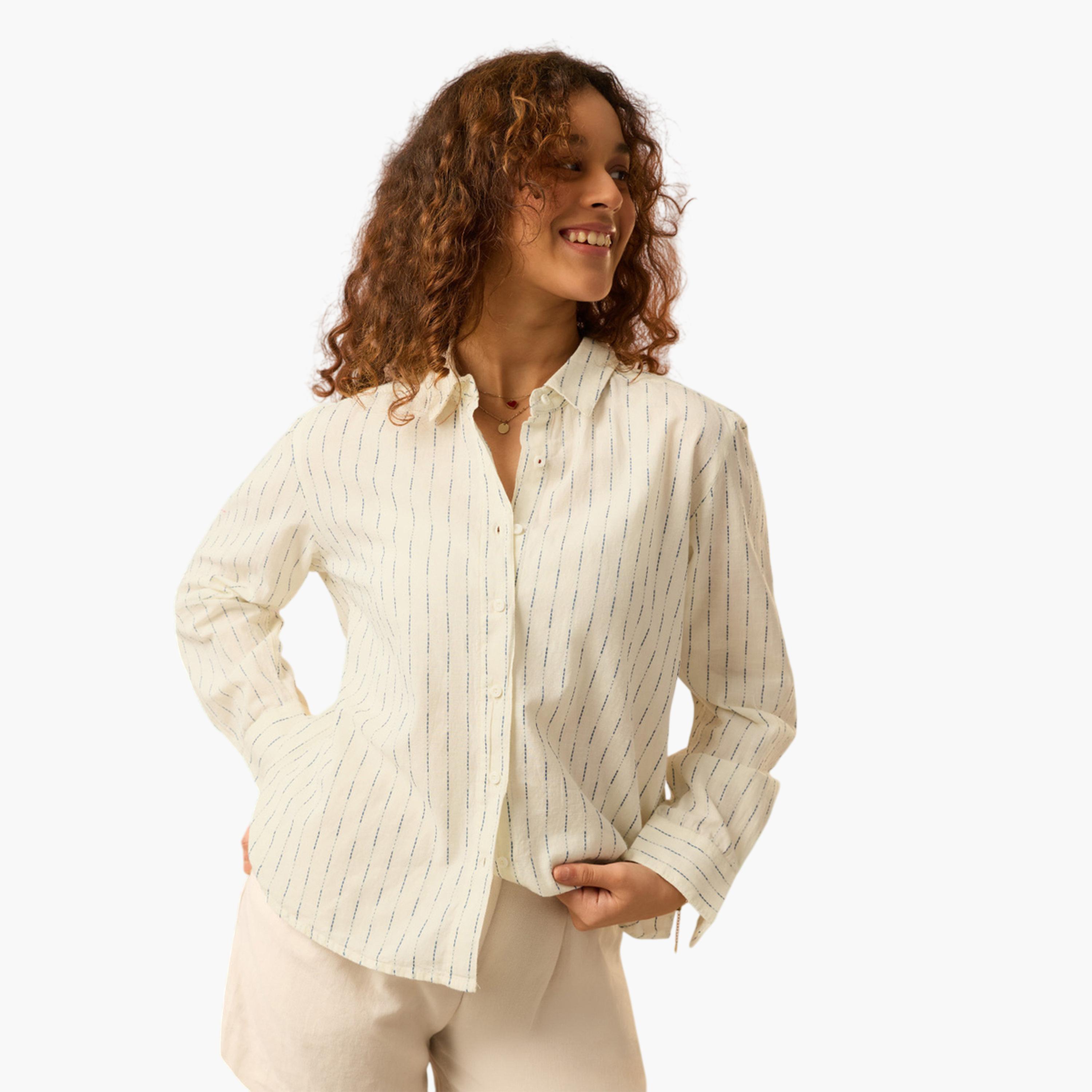 The Souled Store X Styli Off-White Striped Long Sleeve Relaxed Fit Shirt-women-clothing-shirtsandblouses-shirts-image-1