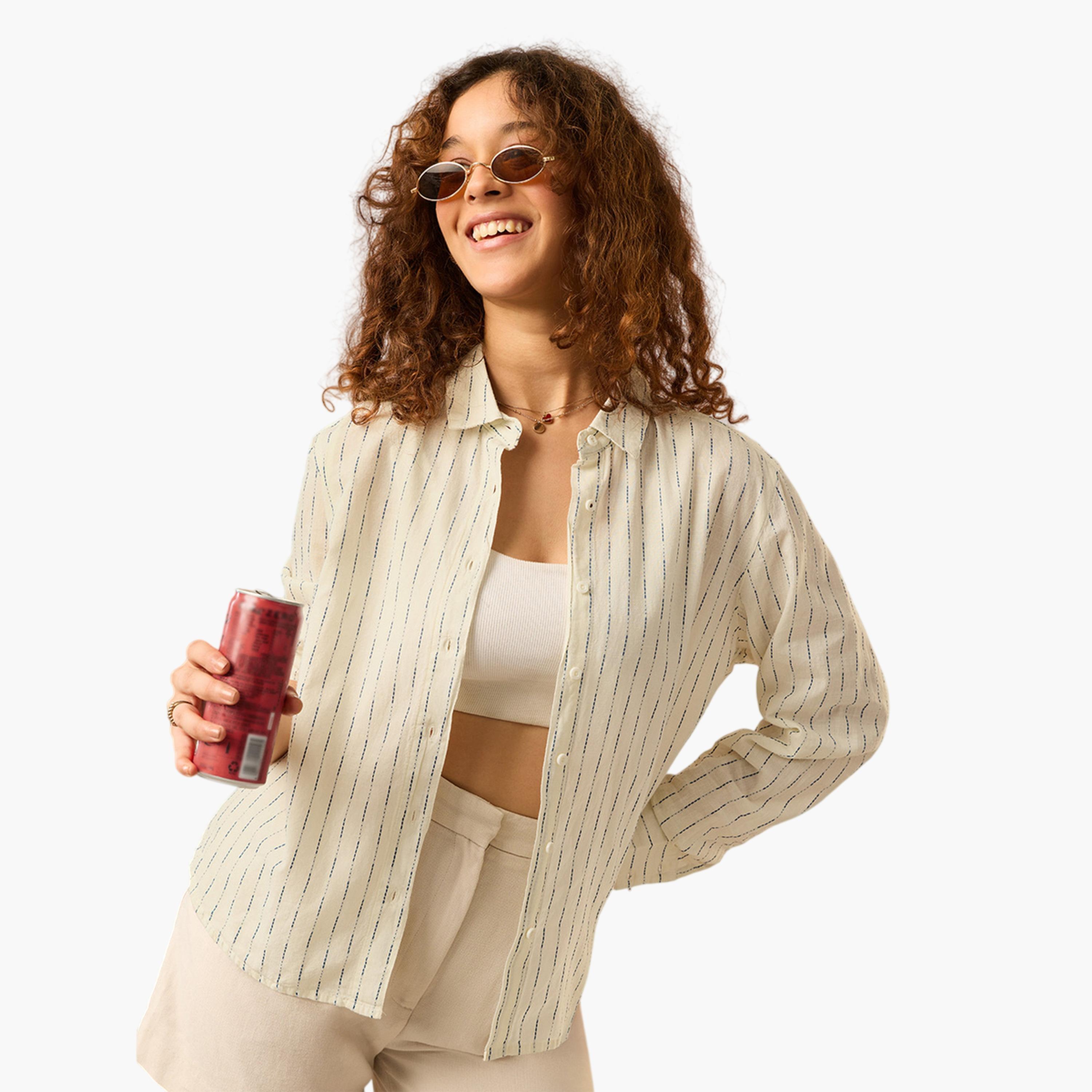 The Souled Store X Styli Off-White Striped Long Sleeve Relaxed Fit Shirt-women-clothing-shirtsandblouses-shirts-image-4