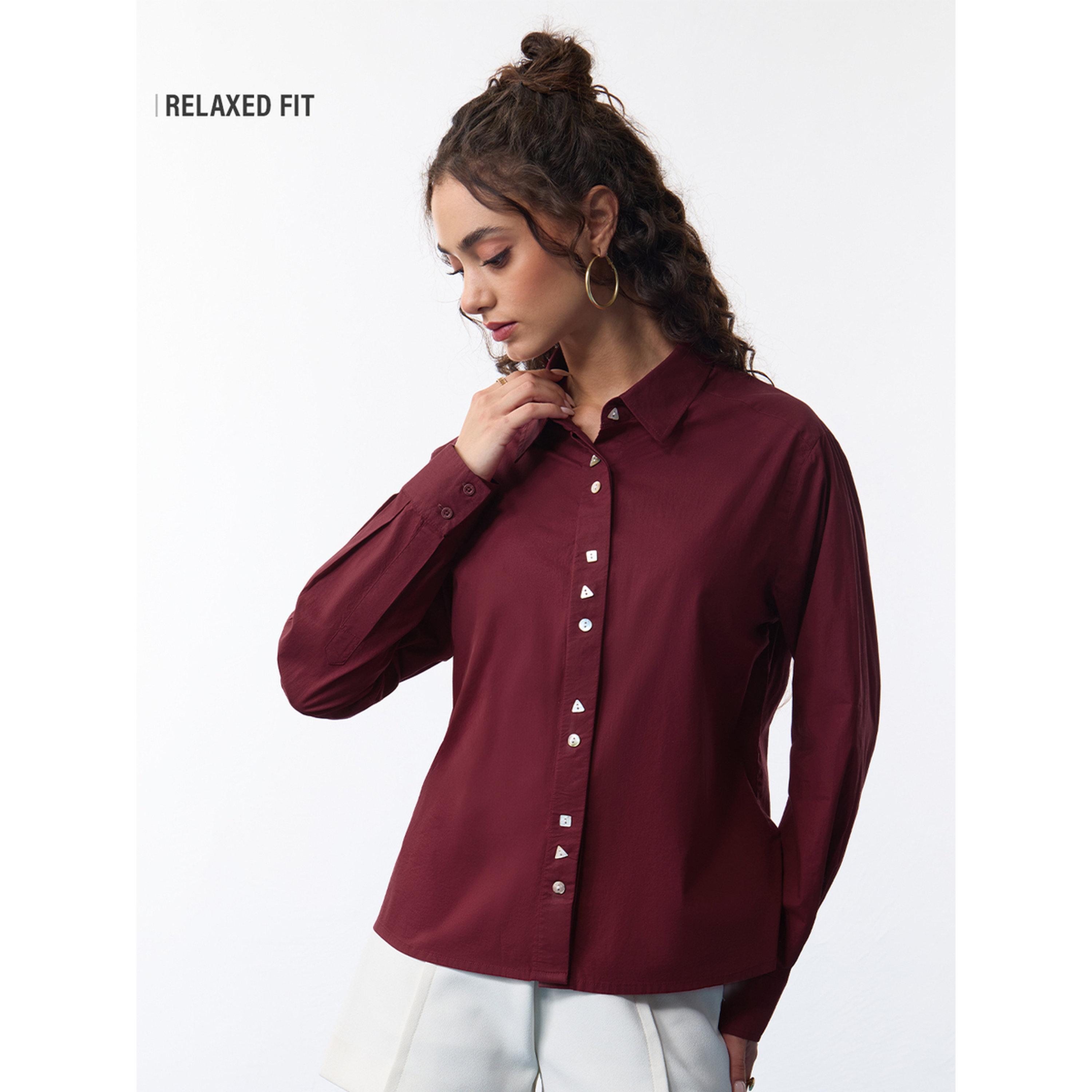 The Souled Store X Styli Maroon Long Sleeve Relaxed Fit Shirt-women-clothing-shirtsandblouses-shirts-image-4