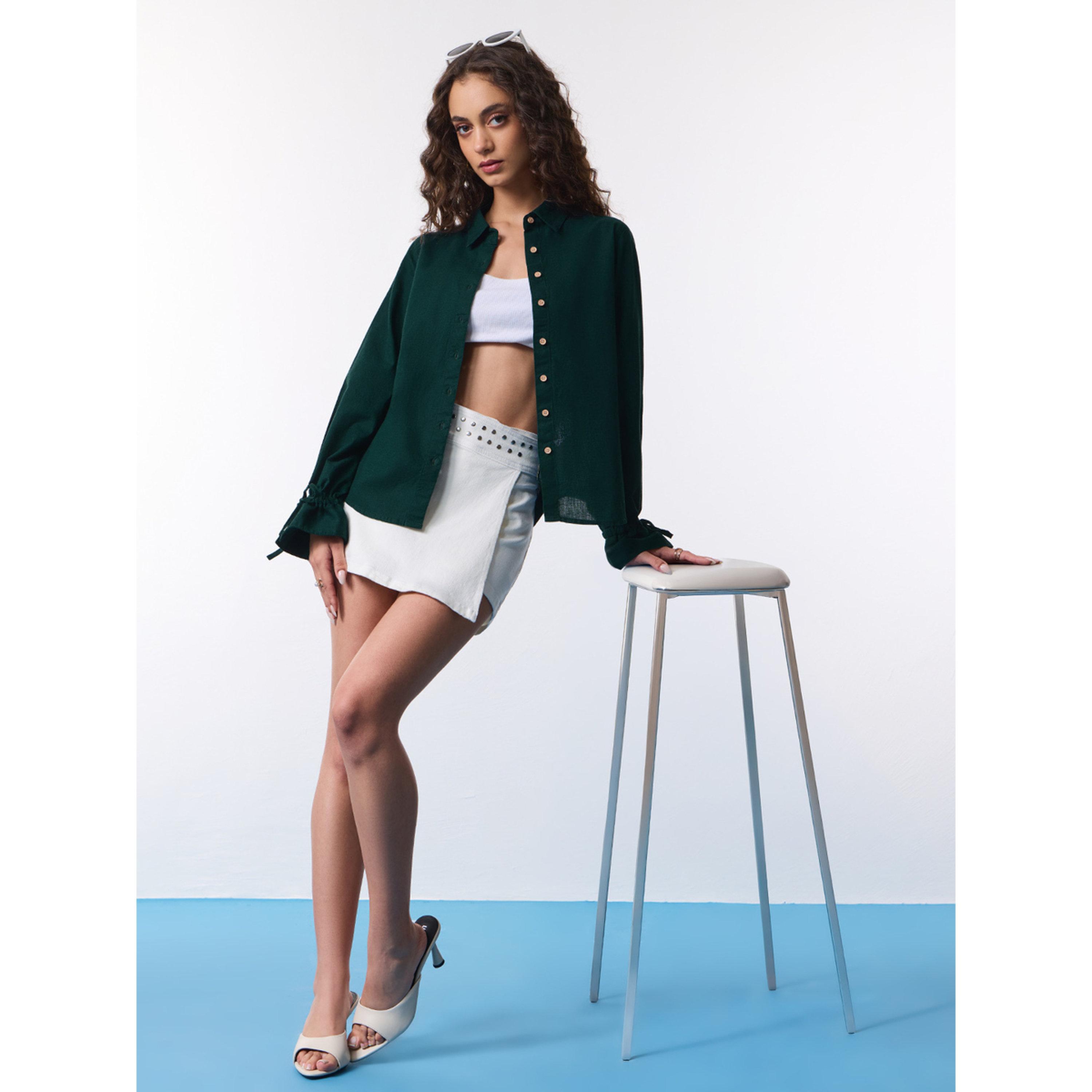 The Souled Store X Styli Relaxed Fit Long Sleeve Green Linen Blend Shirt-women-clothing-shirtsandblouses-shirts-image-2