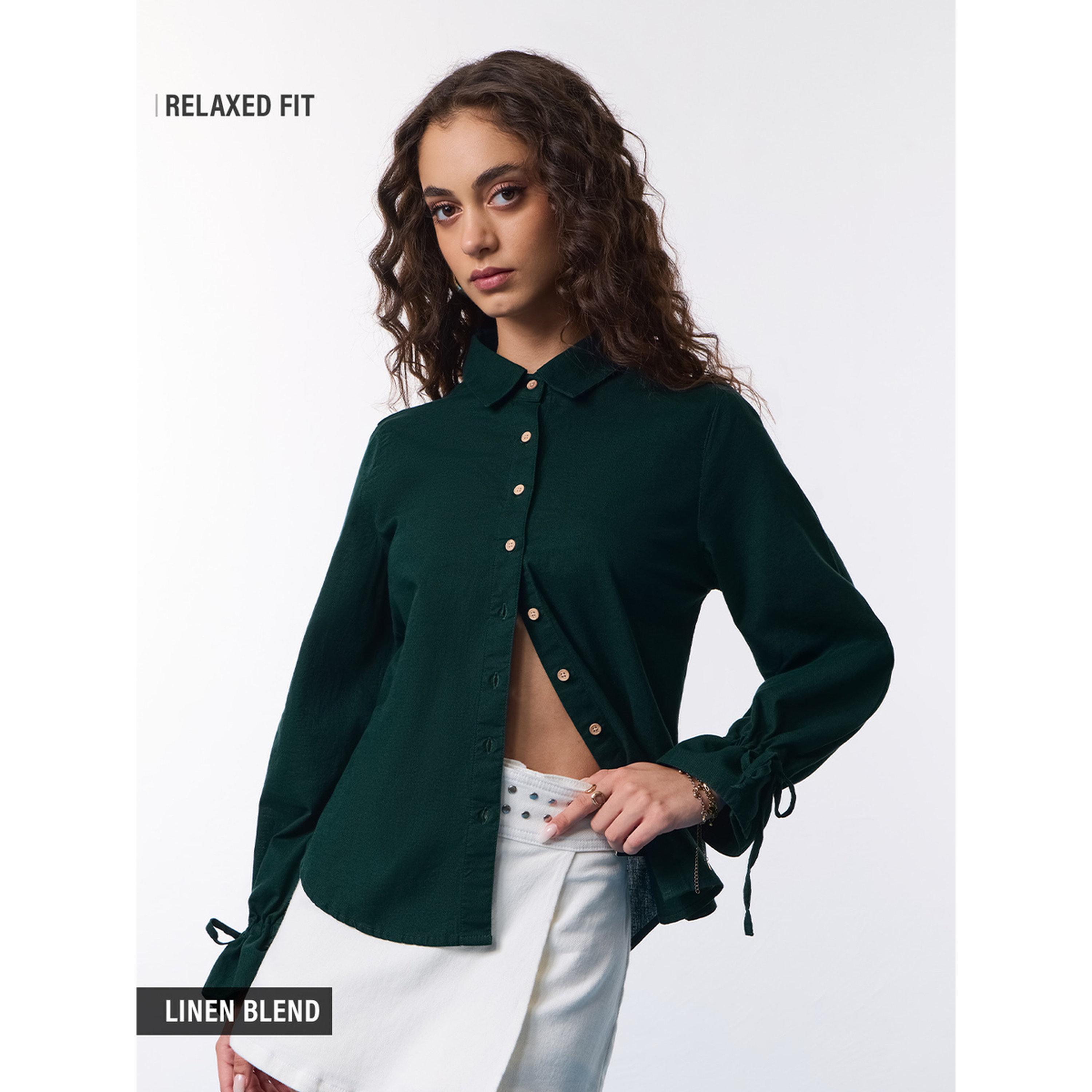 The Souled Store X Styli Relaxed Fit Long Sleeve Green Linen Blend Shirt-women-clothing-shirtsandblouses-shirts-image-3