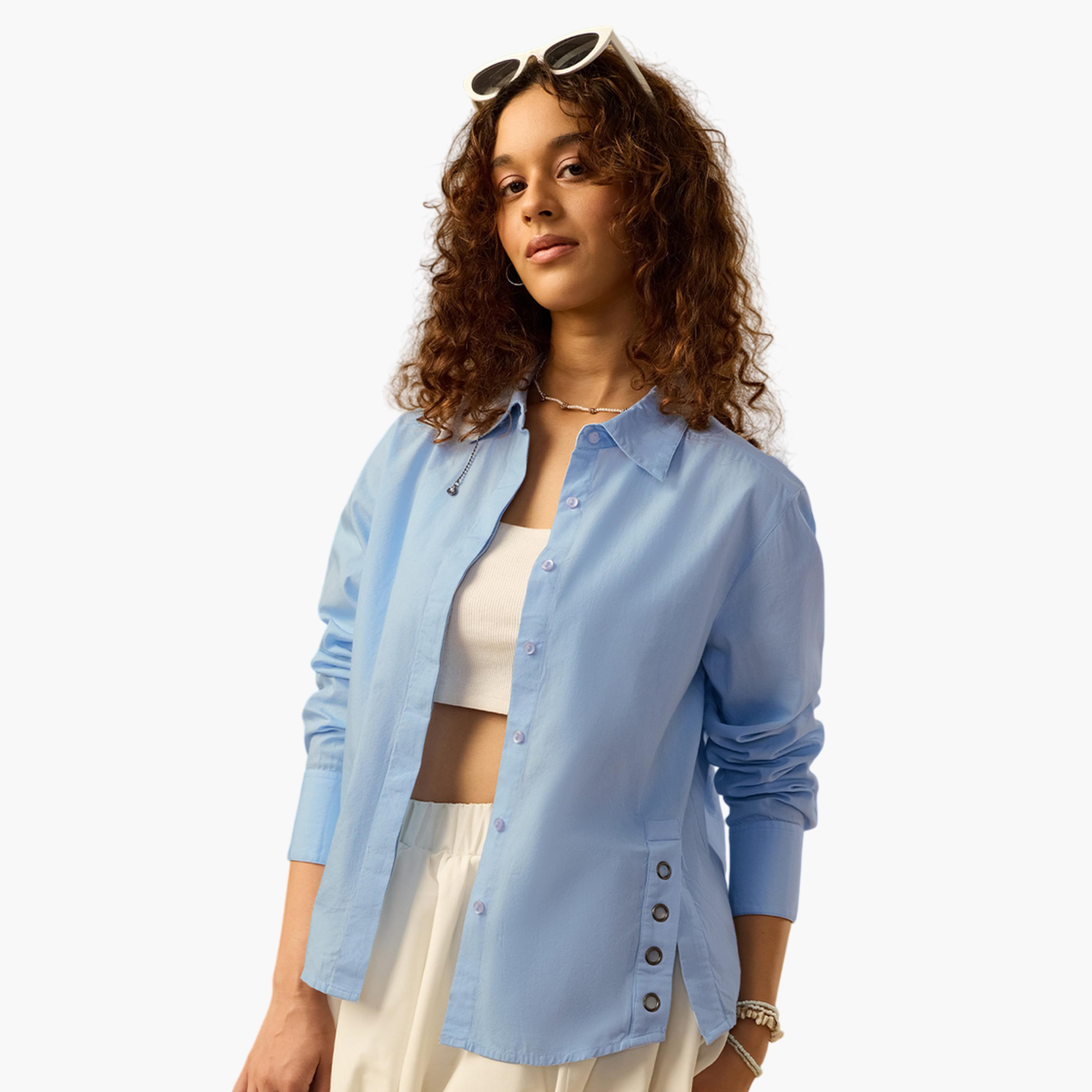 The Souled Store X Styli Blue Regular Fit Long Sleeve Shirt-women-clothing-shirtsandblouses-shirts-image-1