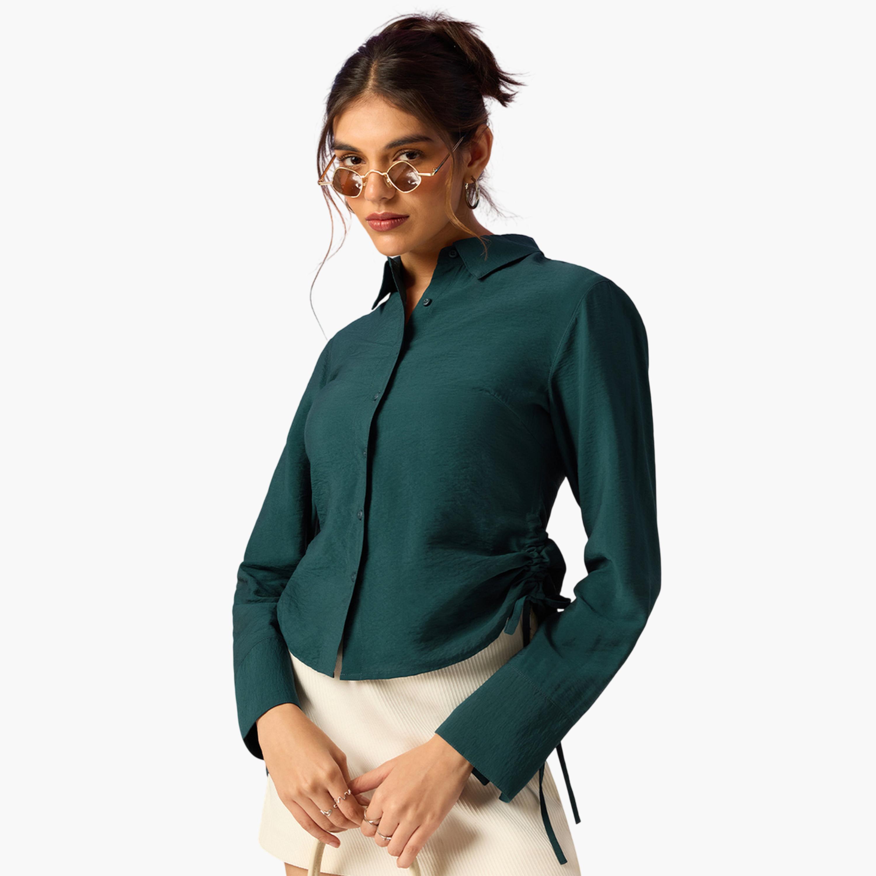 The Souled Store X Styli Emerald Green Long Sleeve Regular Fit Shirt-women-clothing-shirtsandblouses-shirts-image-1