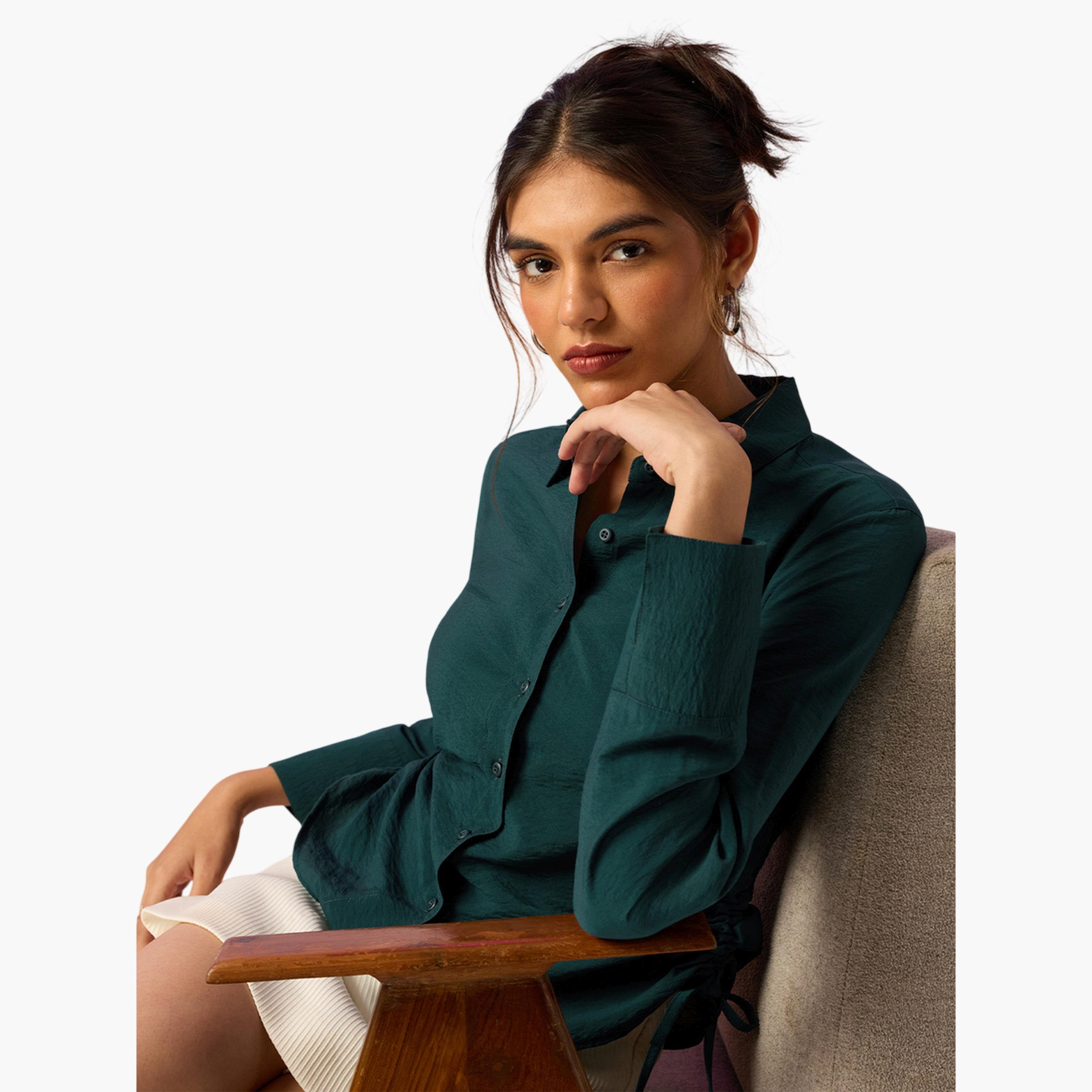 The Souled Store X Styli Emerald Green Long Sleeve Regular Fit Shirt-women-clothing-shirtsandblouses-shirts-image-3