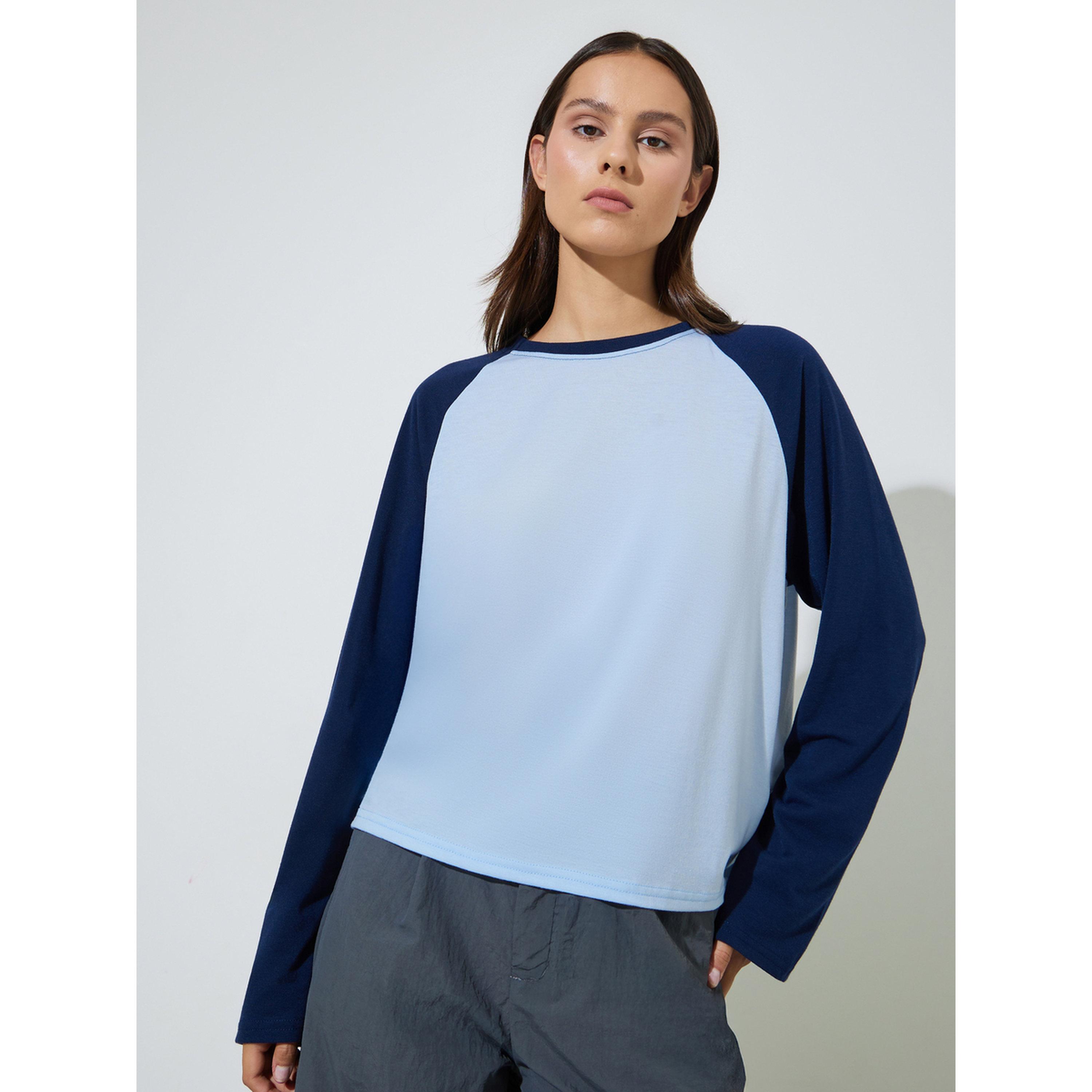 Styli Blue Color Block Raglan Long Sleeves T-Shirt-women-clothing-tshirts-image-1
