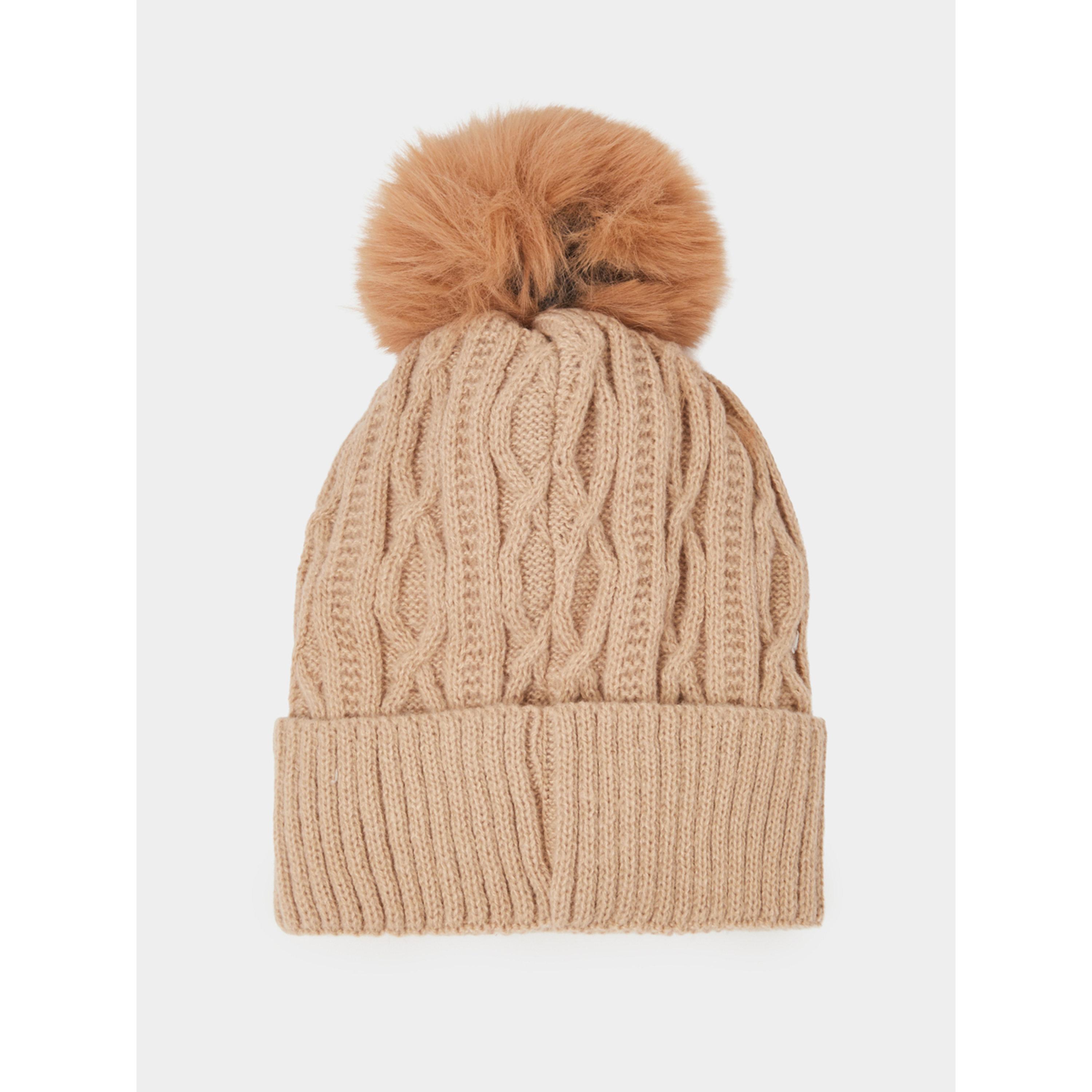 قبعة بيني محبوكة بجدائل مع كرات فرو صناعي-women-winterwear-capsandhats-image-3
