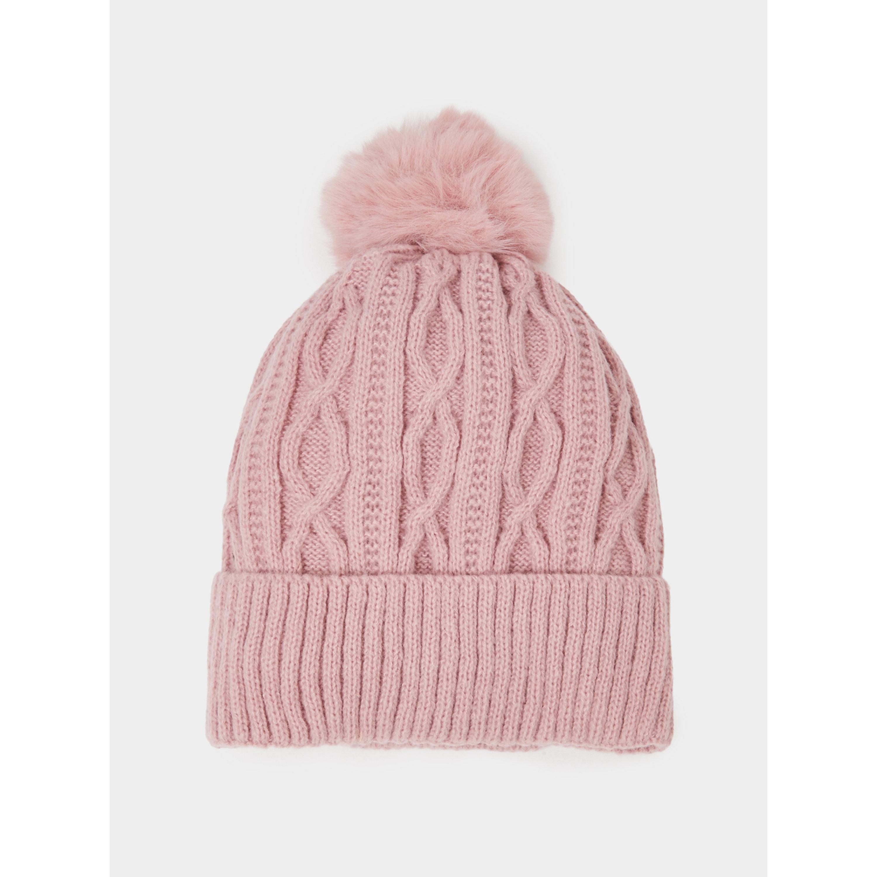 قبعة بيني محبوكة بجدائل مع كرات فرو صناعي-women-winterwear-capsandhats-image-1