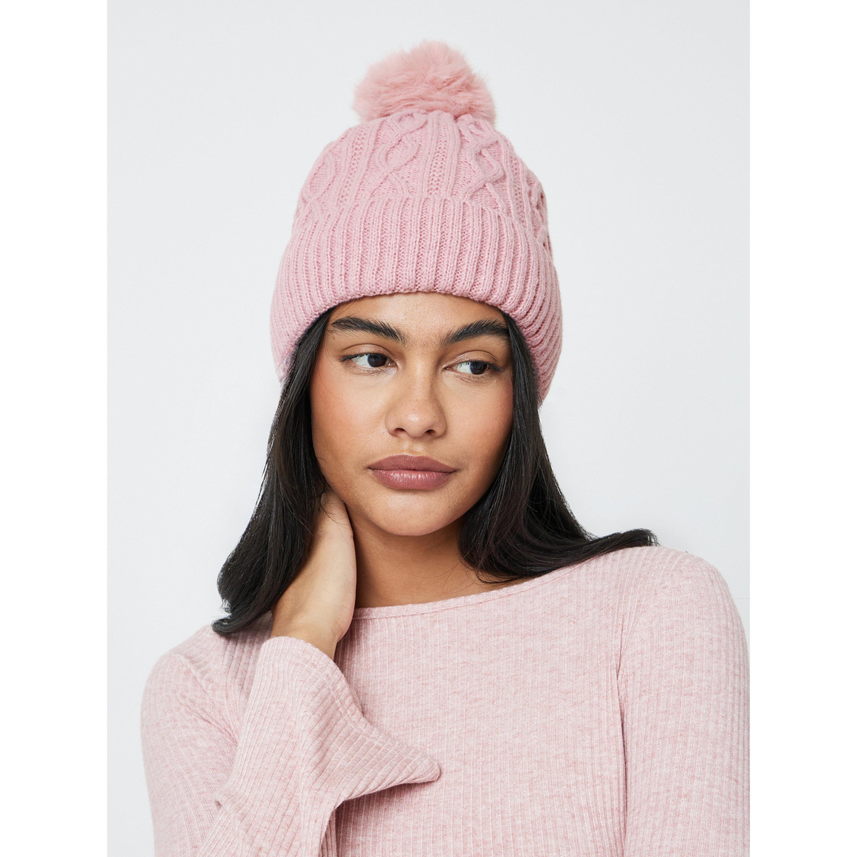 قبعة بيني محبوكة بجدائل مع كرات فرو صناعي-women-winterwear-capsandhats-image-2