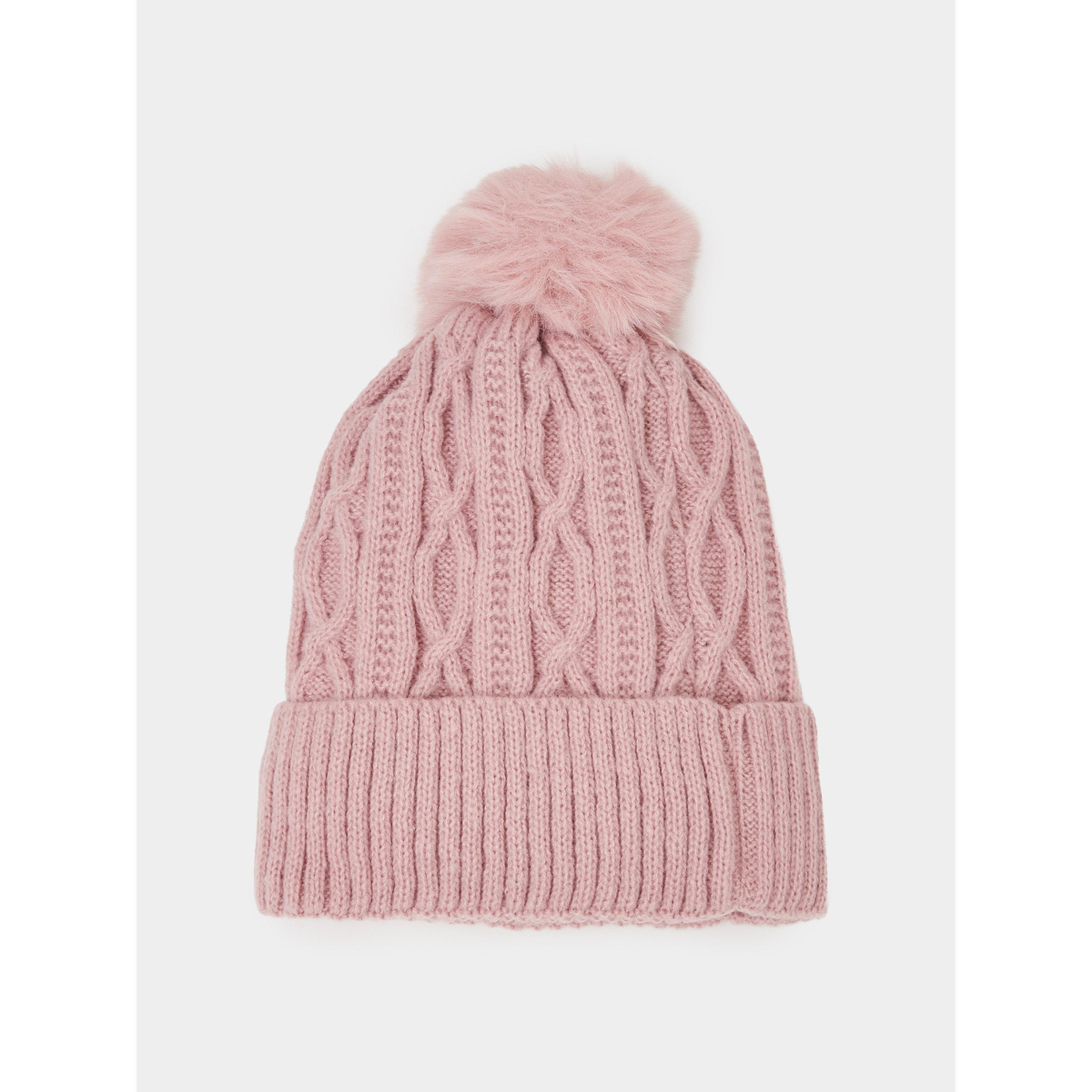 قبعة بيني محبوكة بجدائل مع كرات فرو صناعي-women-winterwear-capsandhats-image-3