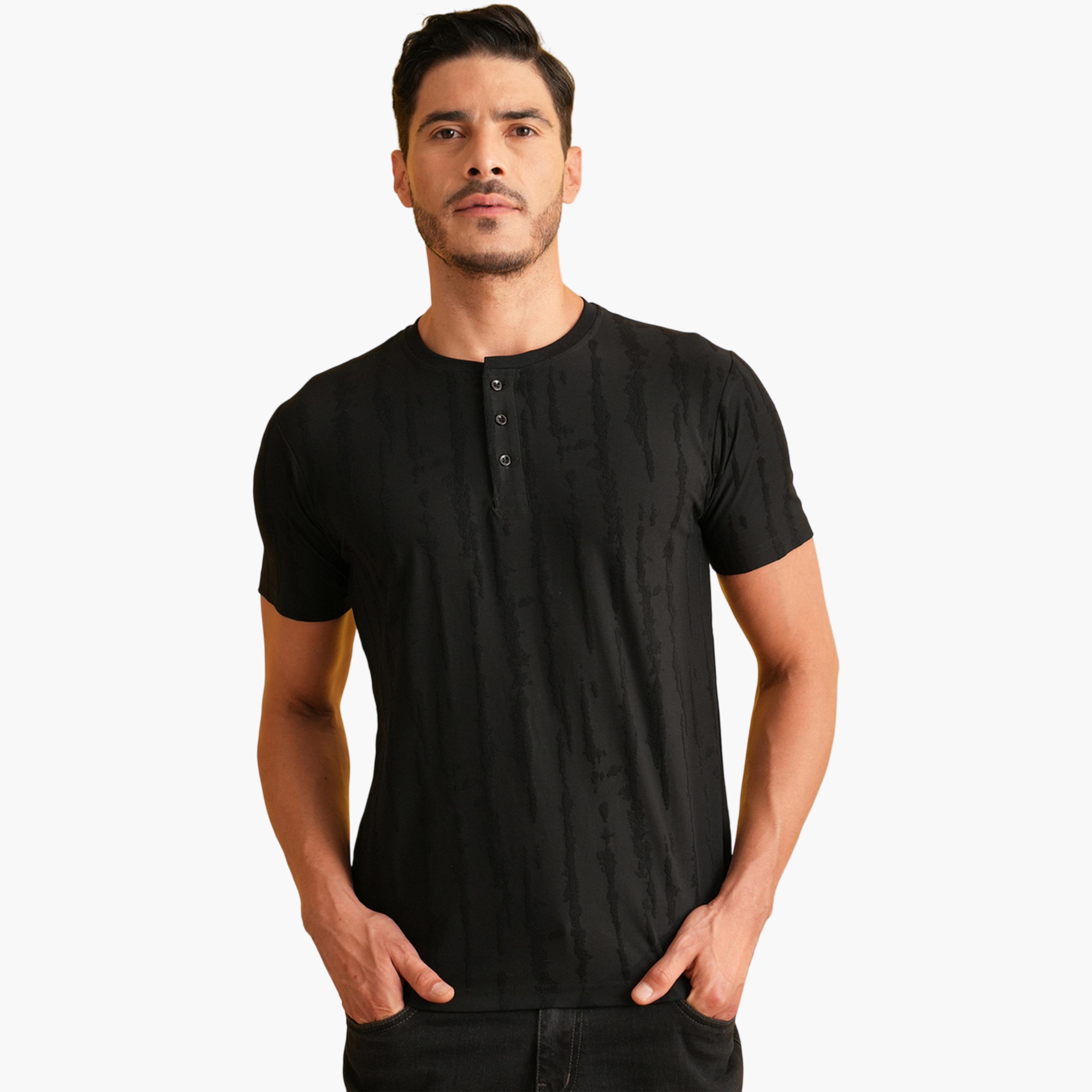 REPRISE X Styli Black Textured Henley Neck Short Sleeves T-Shirt-men-clothing-tshirtsandpolos-tshirts-image-1