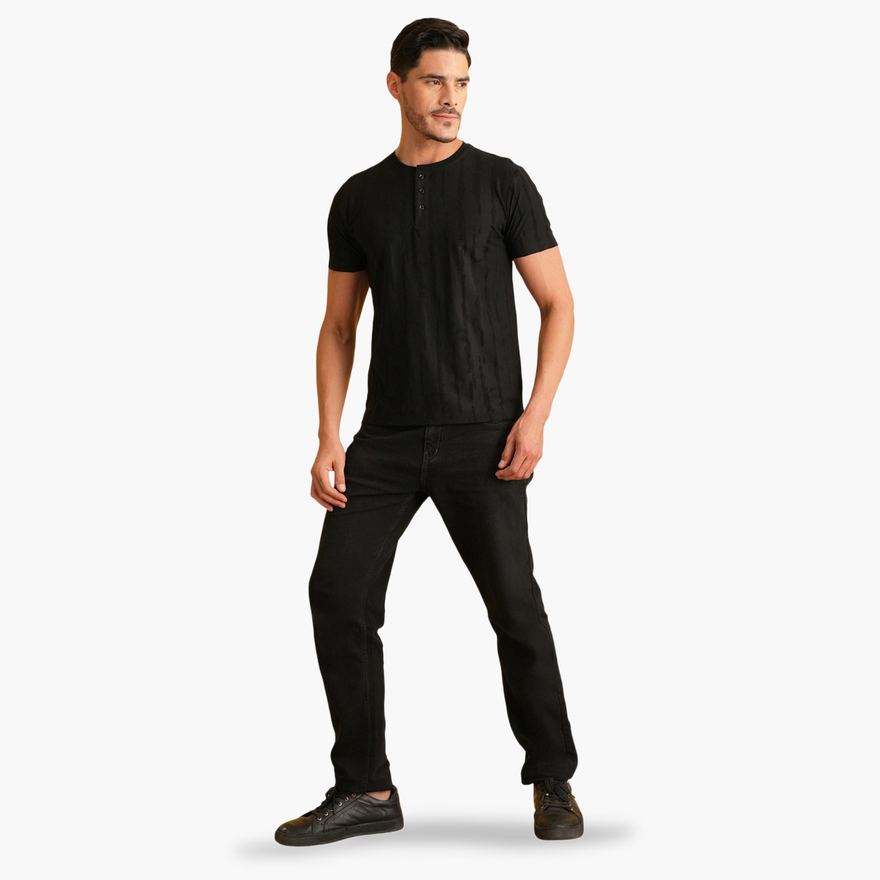 REPRISE X Styli Black Textured Henley Neck Short Sleeves T-Shirt-men-clothing-tshirtsandpolos-tshirts-image-2