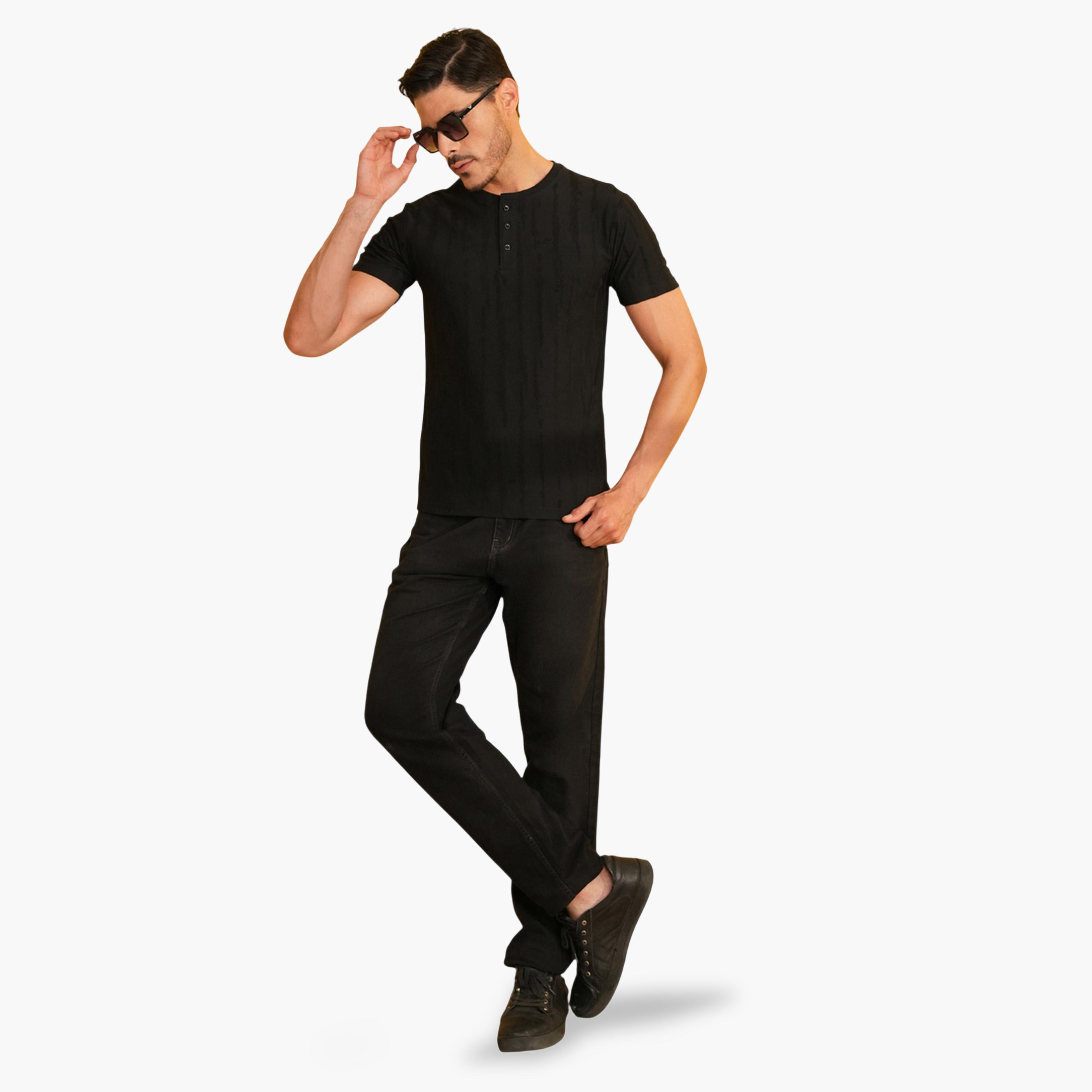 REPRISE X Styli Black Textured Henley Neck Short Sleeves T-Shirt-men-clothing-tshirtsandpolos-tshirts-image-5