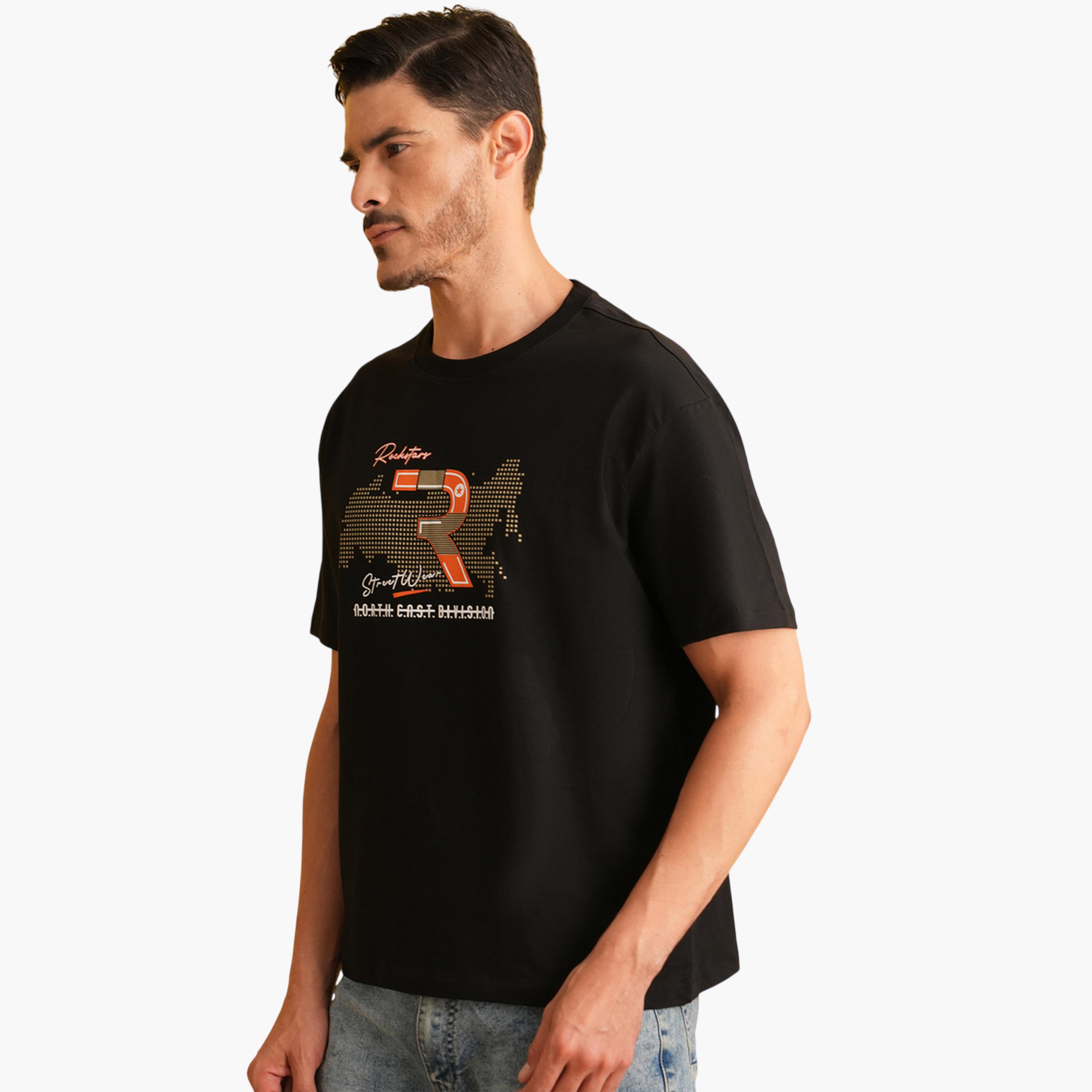 تيشيرت واسع بياقة دائرية وطبعة رسومات باللون الأسود-men-clothing-tshirtsandpolos-tshirts-image-4