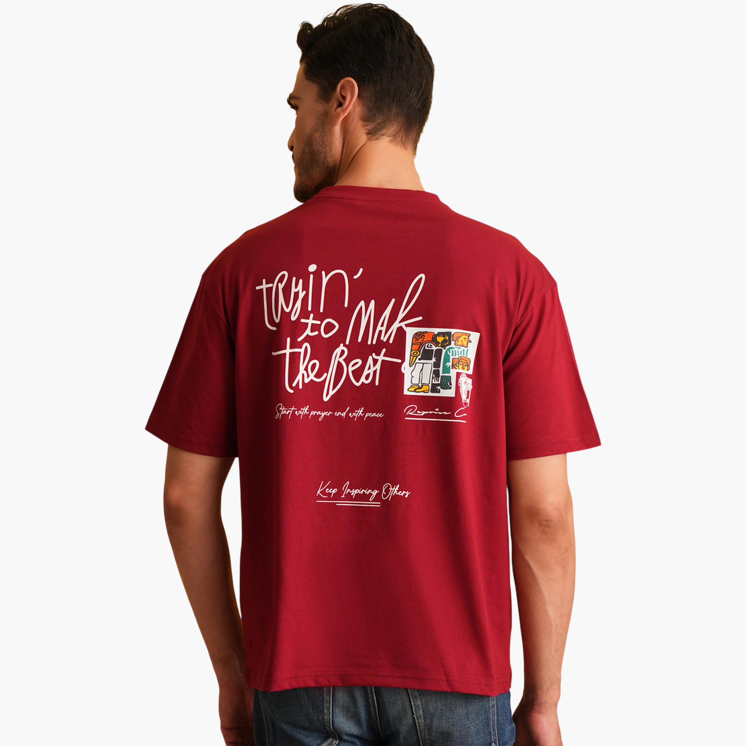 تيشيرت بأكمام قصيرة وياقة دائرية وطبعة رسومات باللون الأحمر-men-clothing-tshirtsandpolos-tshirts-image-5