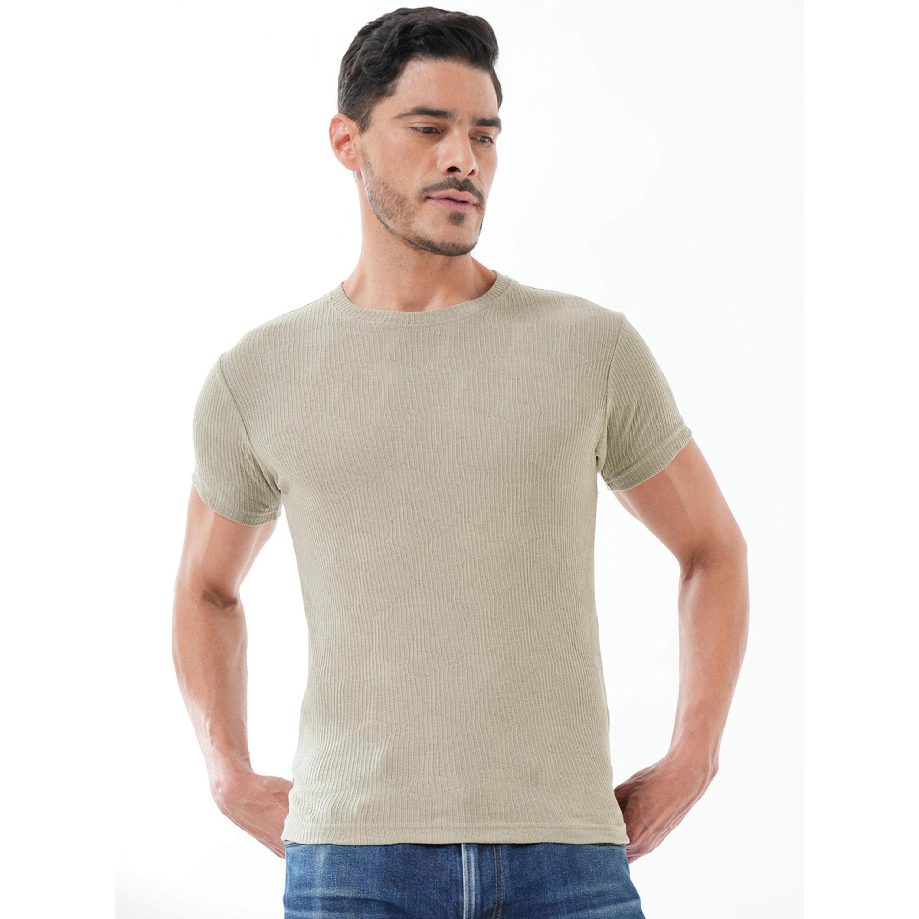 تيشيرت محبوك بتفاصيل مضلعة وياقة دائرية سادة باللون الزيتوني-men-clothing-tshirtsandpolos-tshirts-image-1