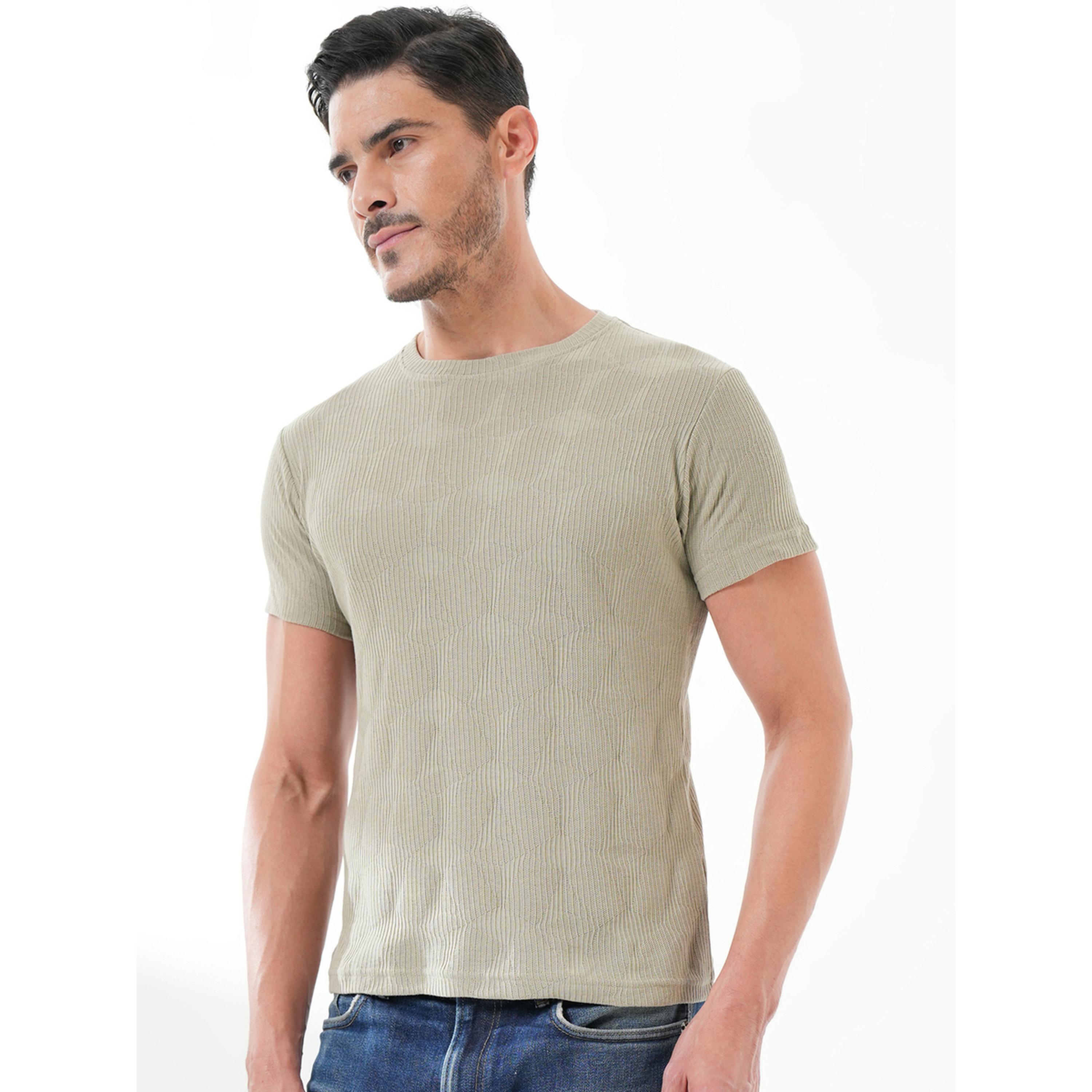 تيشيرت محبوك بتفاصيل مضلعة وياقة دائرية سادة باللون الزيتوني-men-clothing-tshirtsandpolos-tshirts-image-3