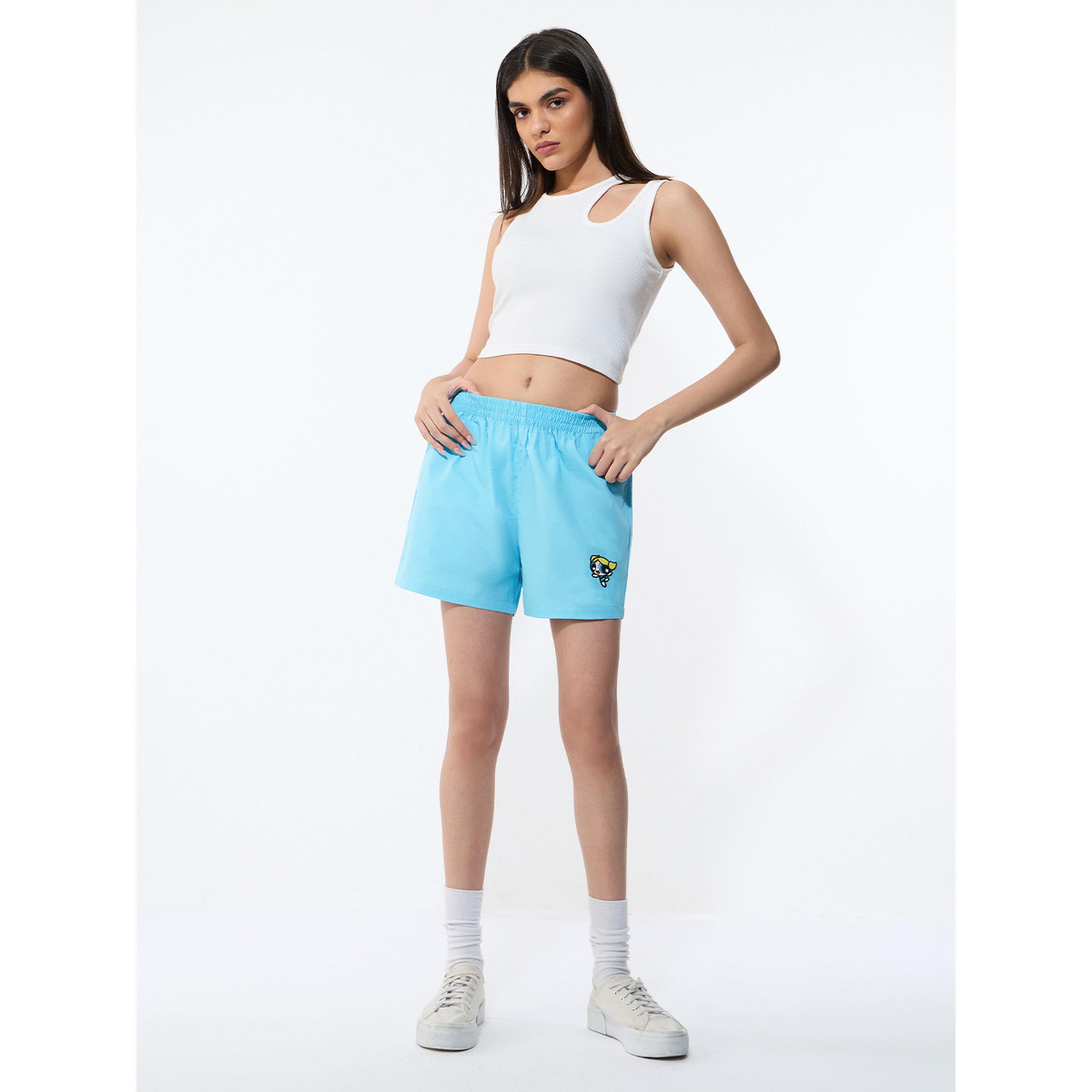 شورت كاجوال أزرق بتطريز باور بوف غيرلز-women-clothing-shorts-image-2