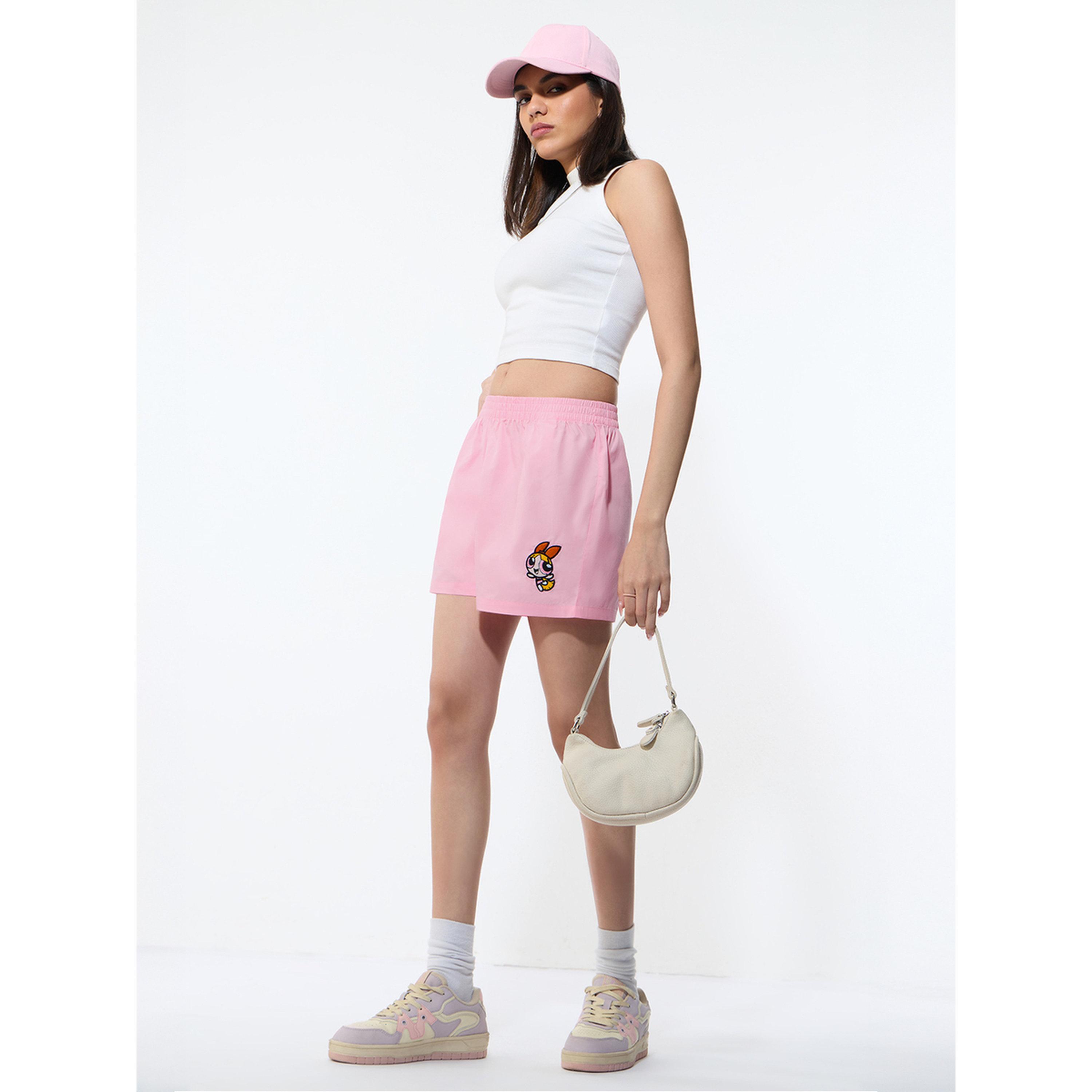 شورت كاجوال وردي سادة بتطريز باور بوف غيرلز-women-clothing-shorts-image-2
