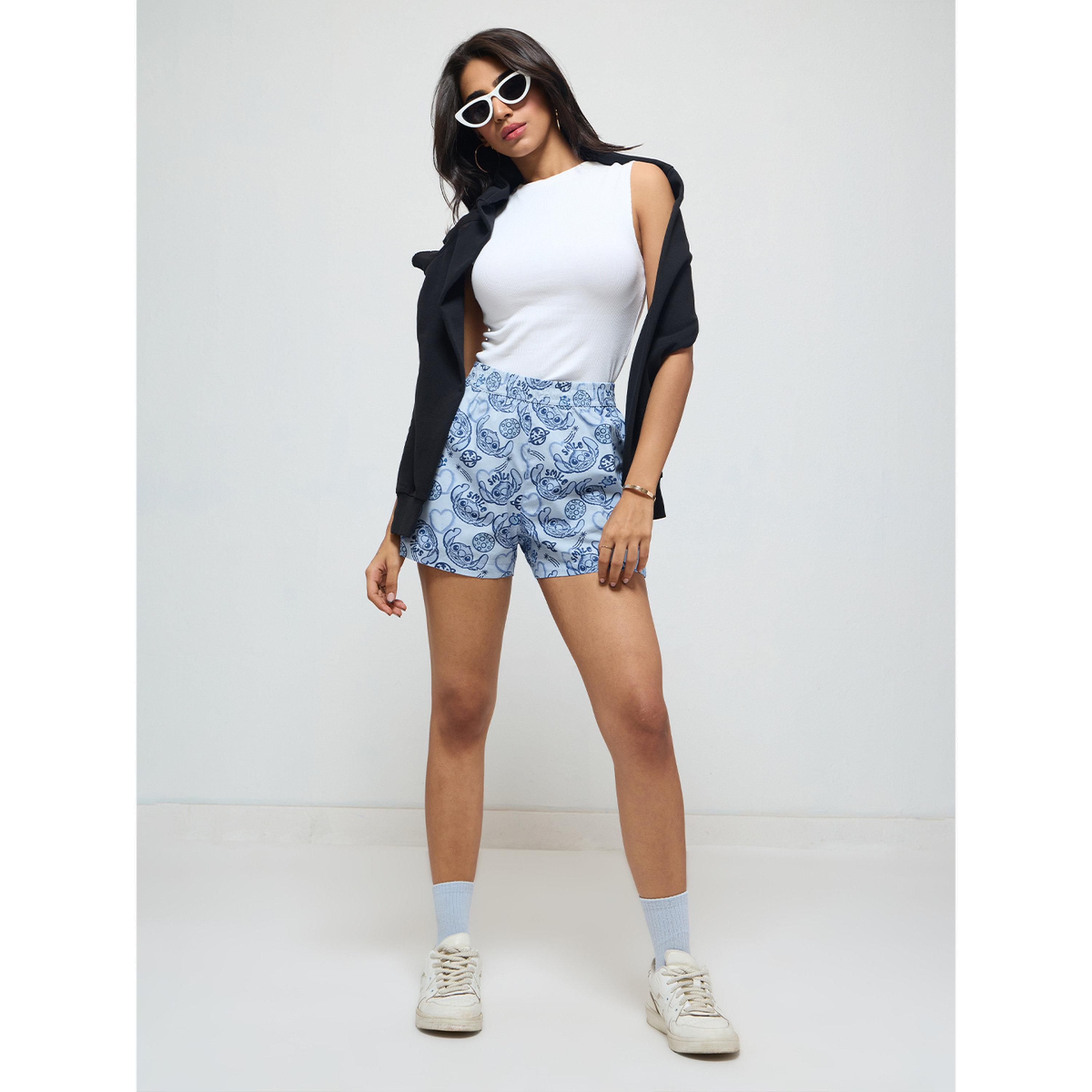 شورت كاجوال أزرق بطبعة ستيتش-women-clothing-shorts-image-2