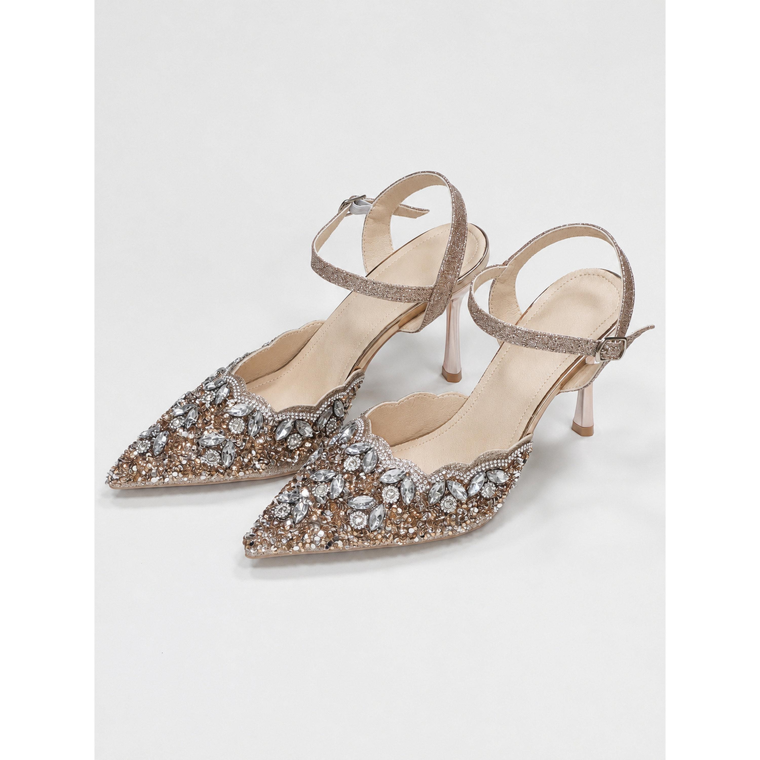 Take Two Beige Rhinestone Embellished High Heel Sandals with Ankle Strap-women-shoes-heels-image-1