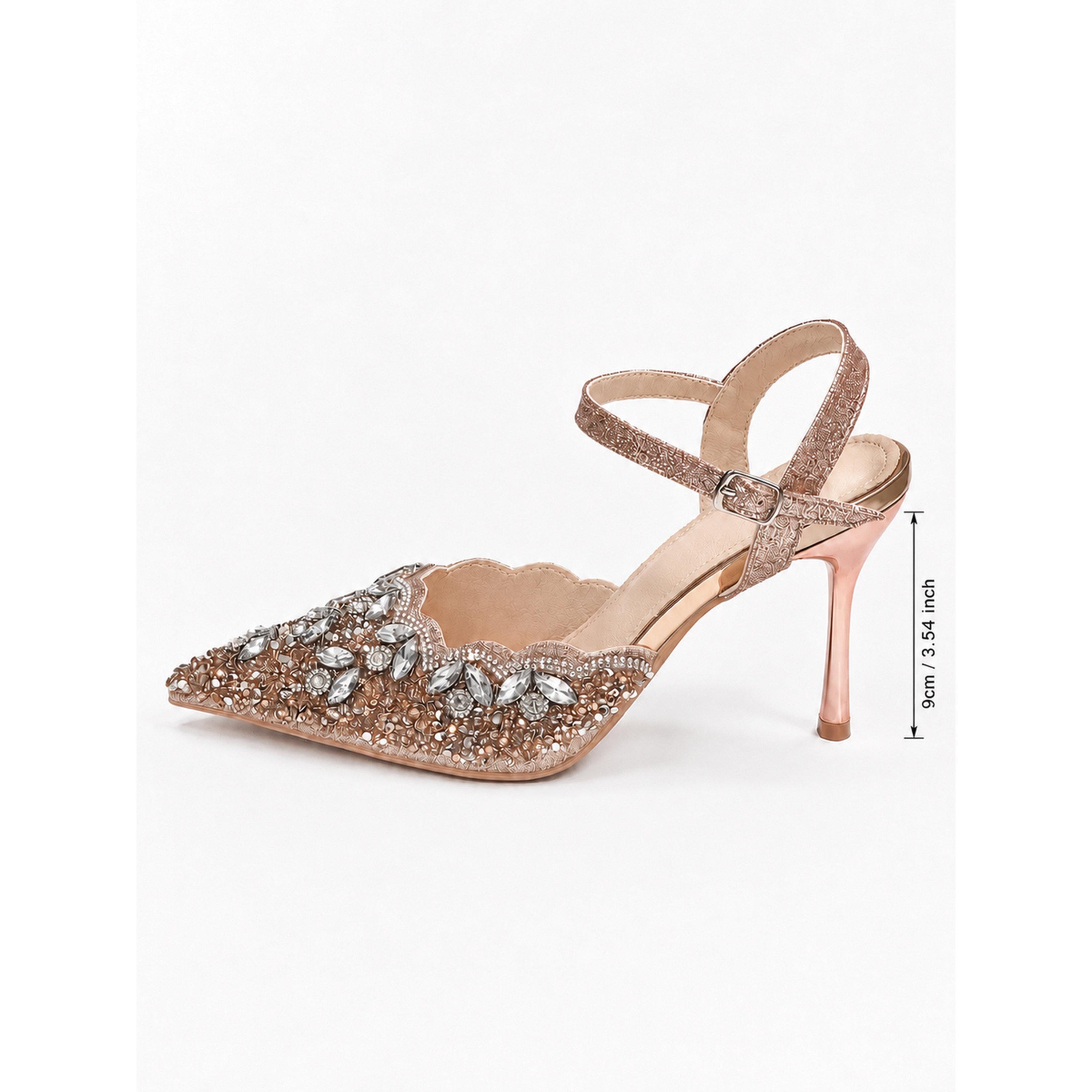 Take Two Beige Rhinestone Embellished High Heel Sandals with Ankle Strap-women-shoes-heels-image-3