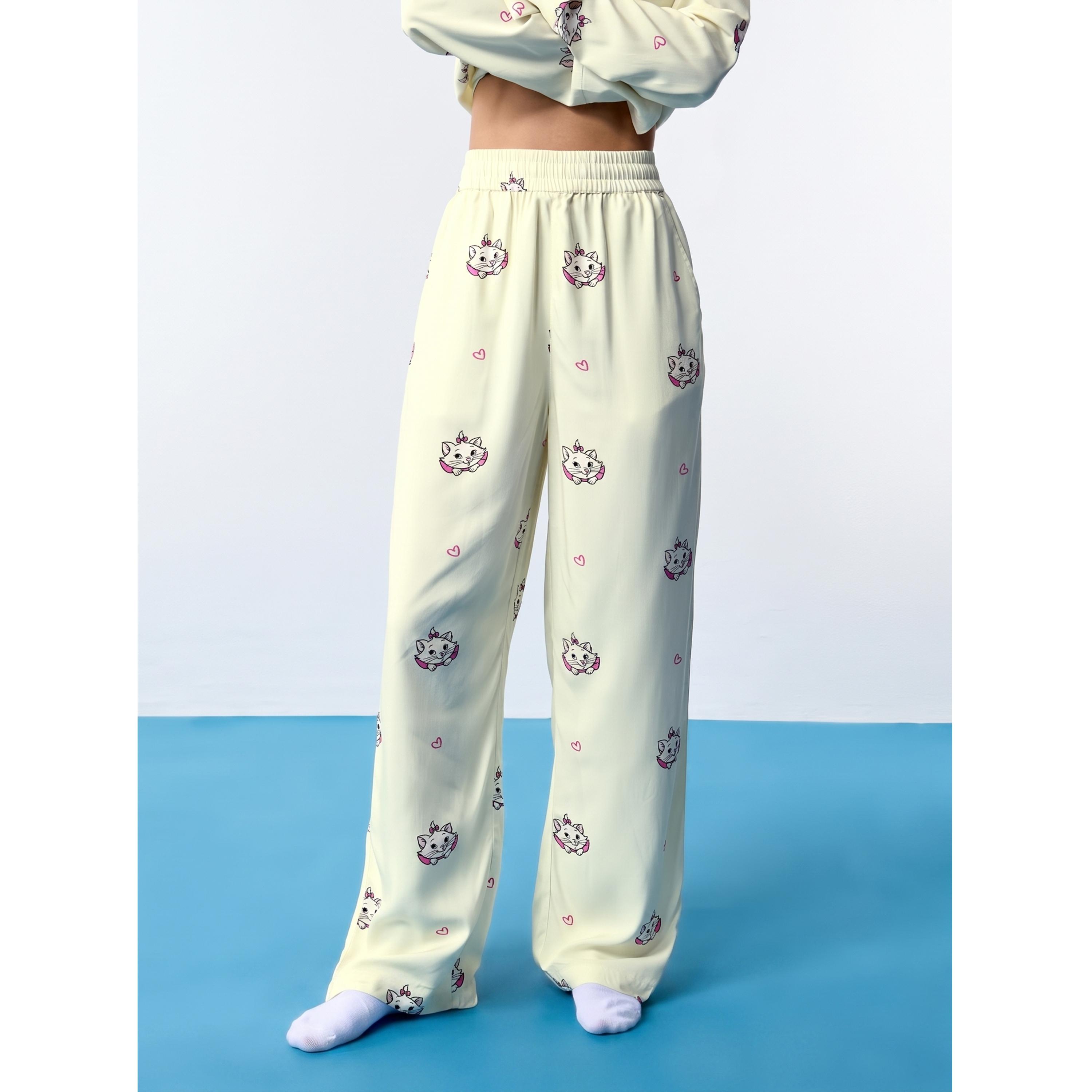 The Souled Store X Styli Yellow Aristocats Print Wide-Leg Trousers-women-clothing-joggers-image-1