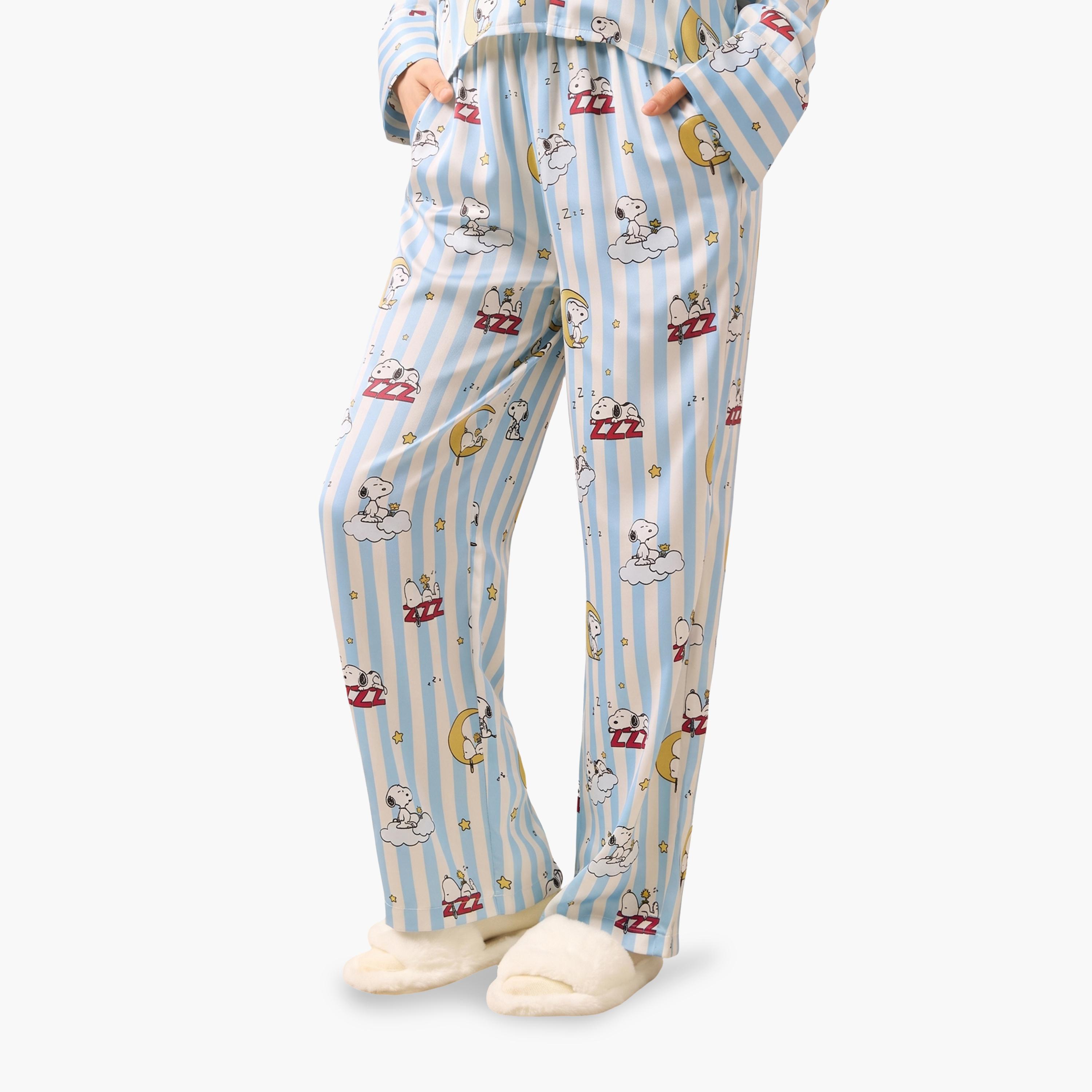 The Souled Store X Styli Blue Striped Snoopy Satin Pajama Bottoms-women-clothing-joggers-image-1