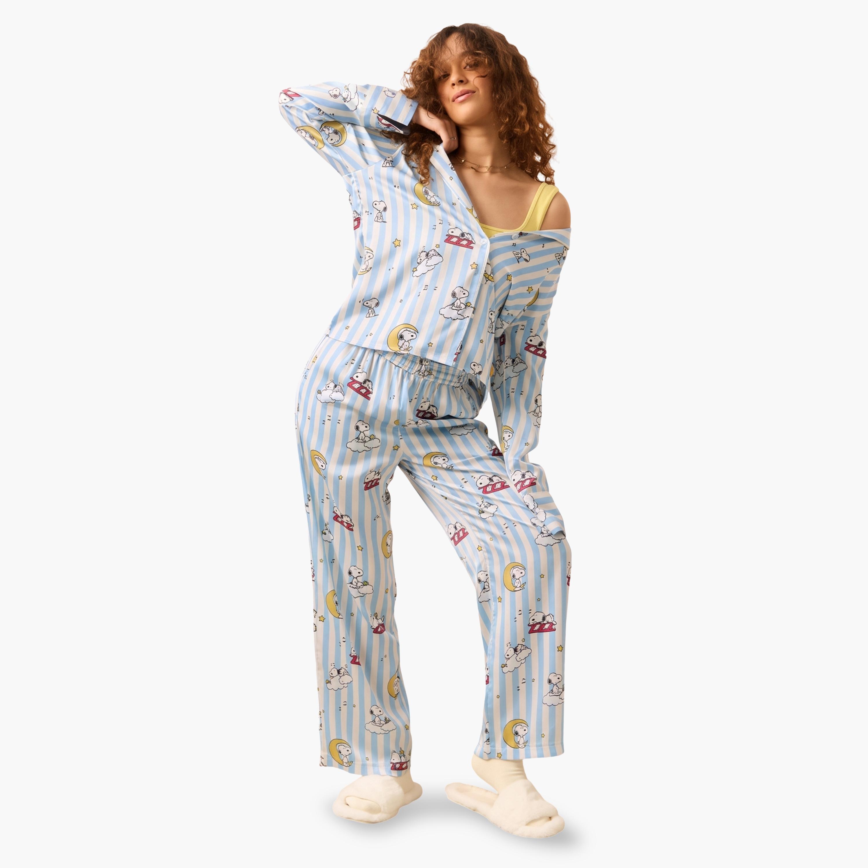 The Souled Store X Styli Blue Striped Snoopy Satin Pajama Bottoms-women-clothing-joggers-image-2