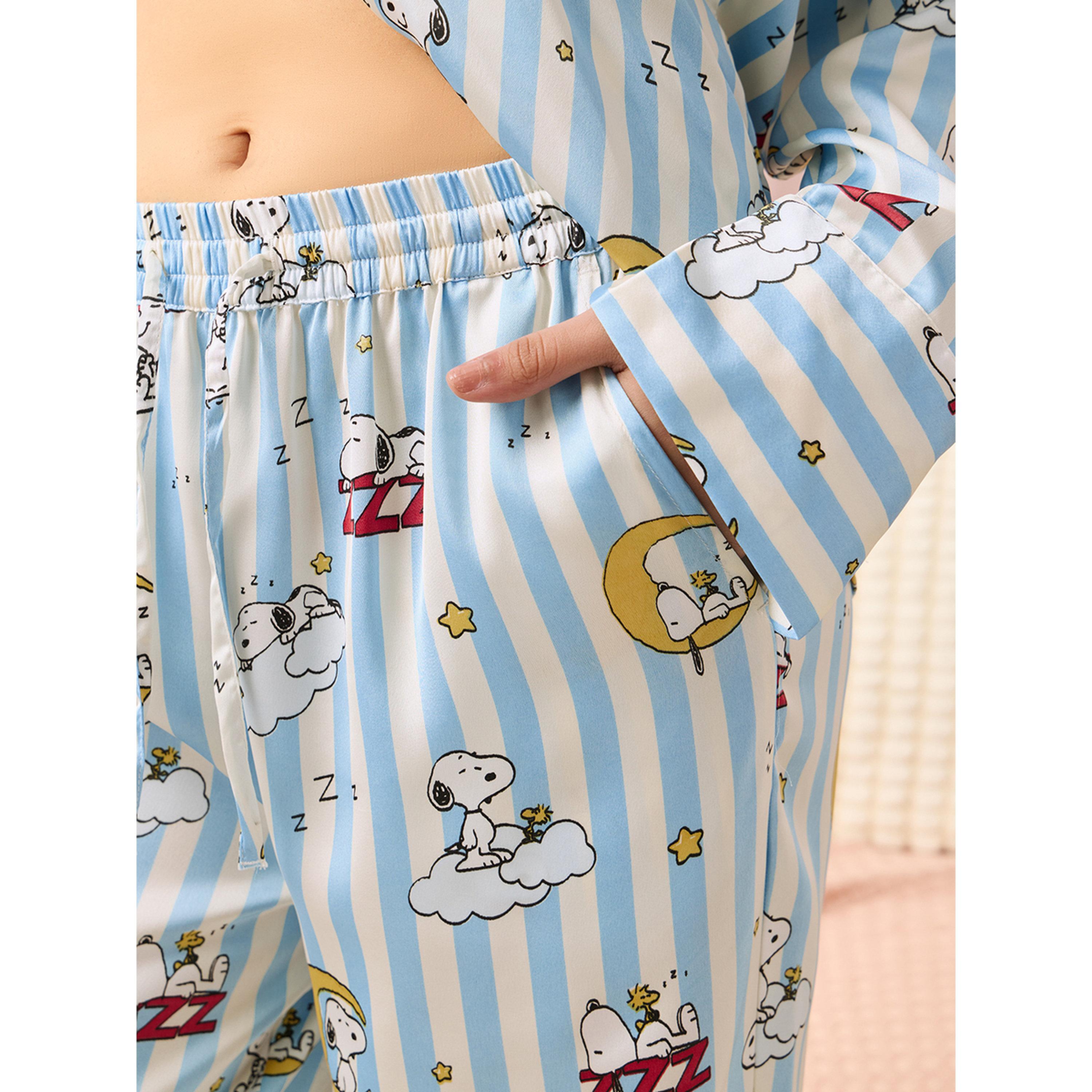 The Souled Store X Styli Blue Striped Snoopy Satin Pajama Bottoms-women-clothing-joggers-image-4
