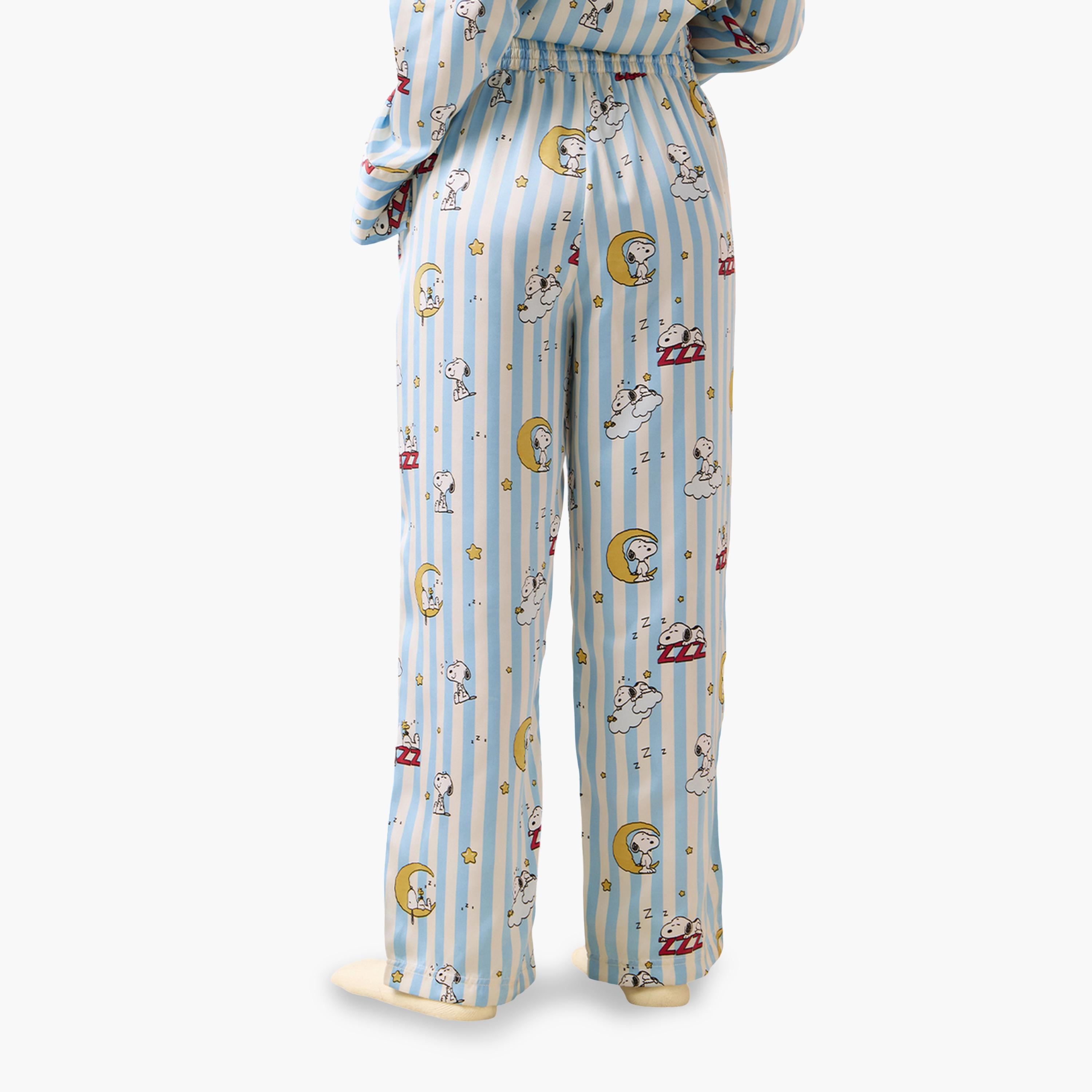 The Souled Store X Styli Blue Striped Snoopy Satin Pajama Bottoms-women-clothing-joggers-image-6