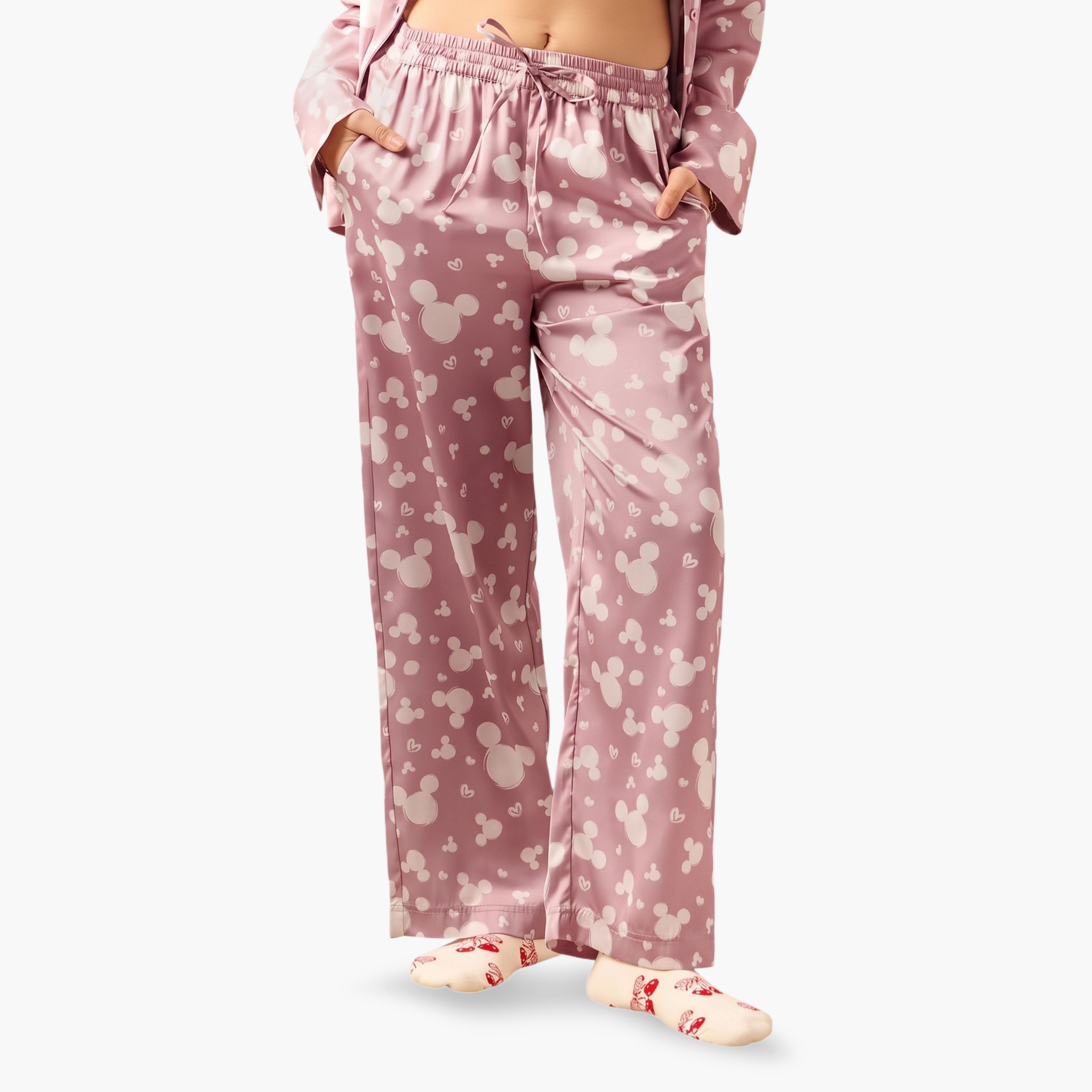 The Souled Store X Styli Purple Satin Mickey Mouse Print Pajama Trousers-women-clothing-joggers-image-1