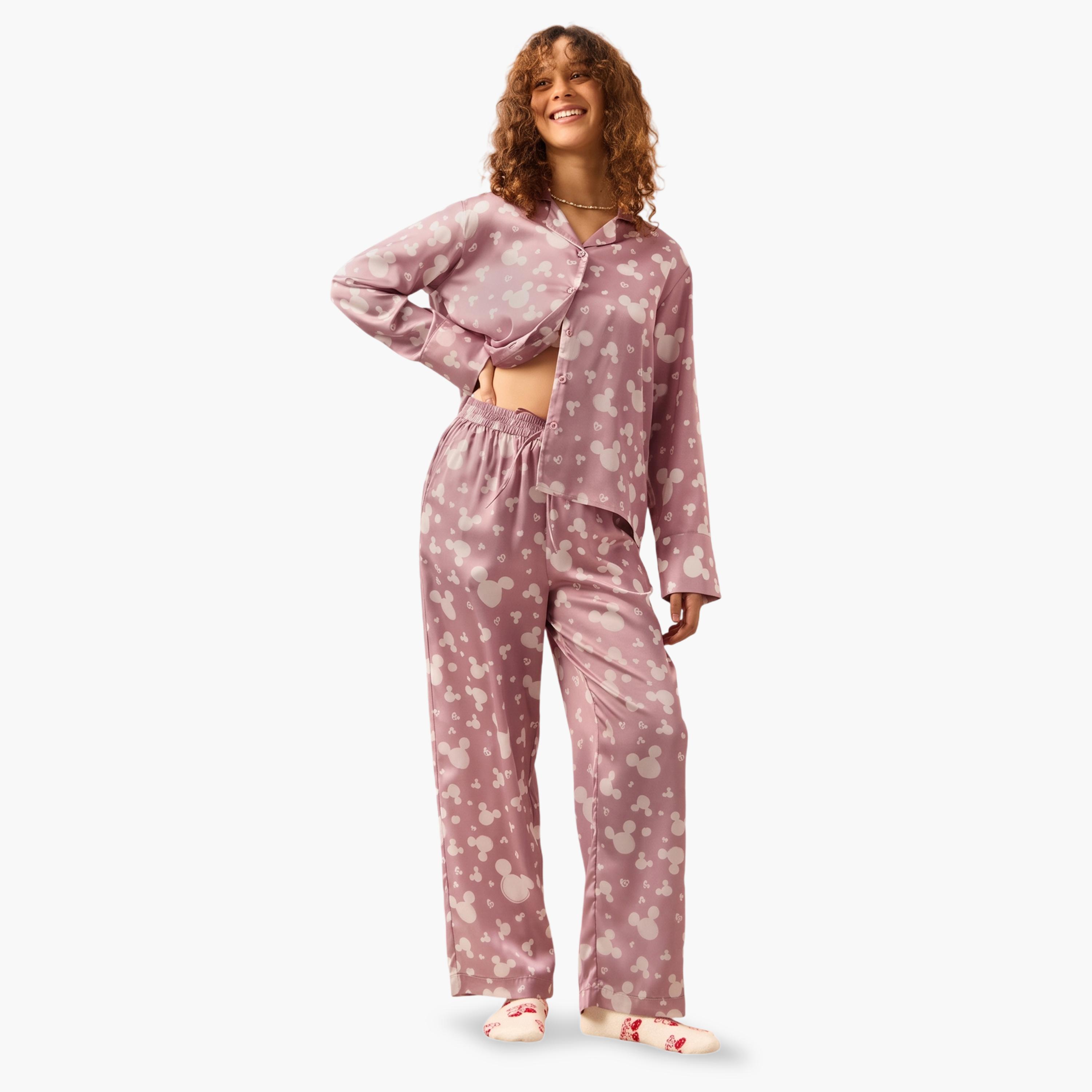 The Souled Store X Styli Purple Satin Mickey Mouse Print Pajama Trousers-women-clothing-joggers-image-2