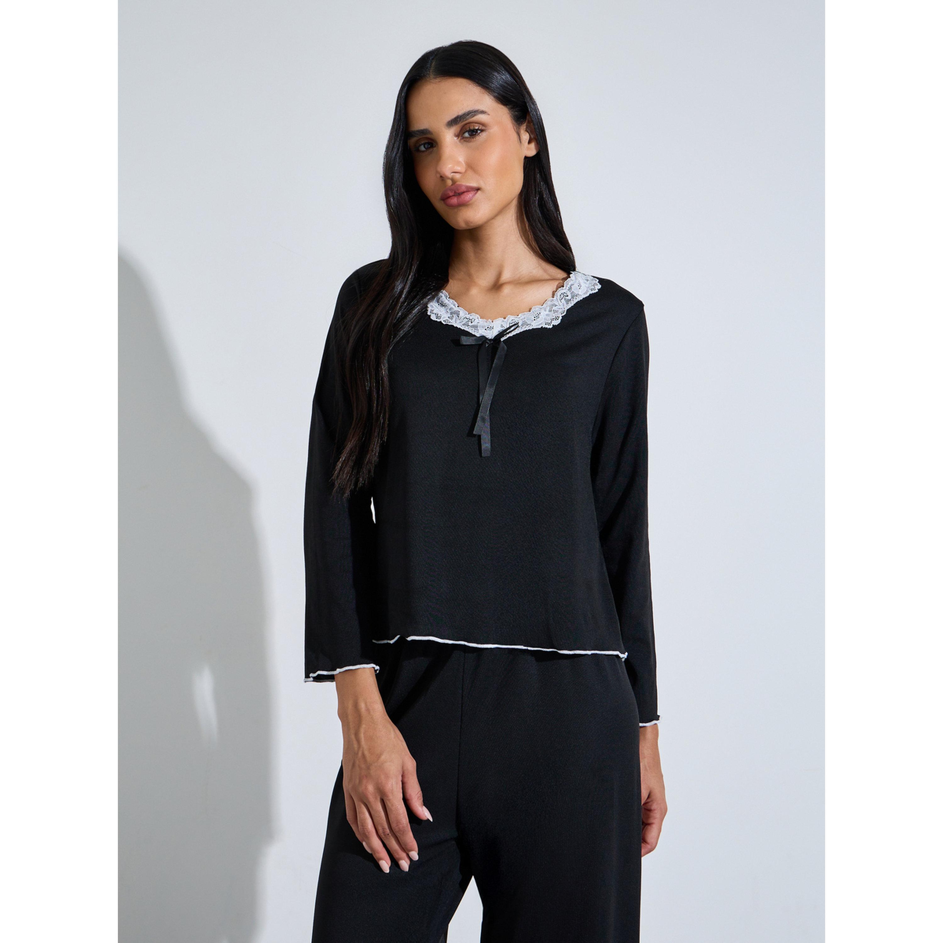 طقم بيجاما من بنطال وبلوزة بحواف متباينة وياقة دانتيل سادة باللون الأسود-women-clothing-nightwear-pyjamas-longsets-image-2