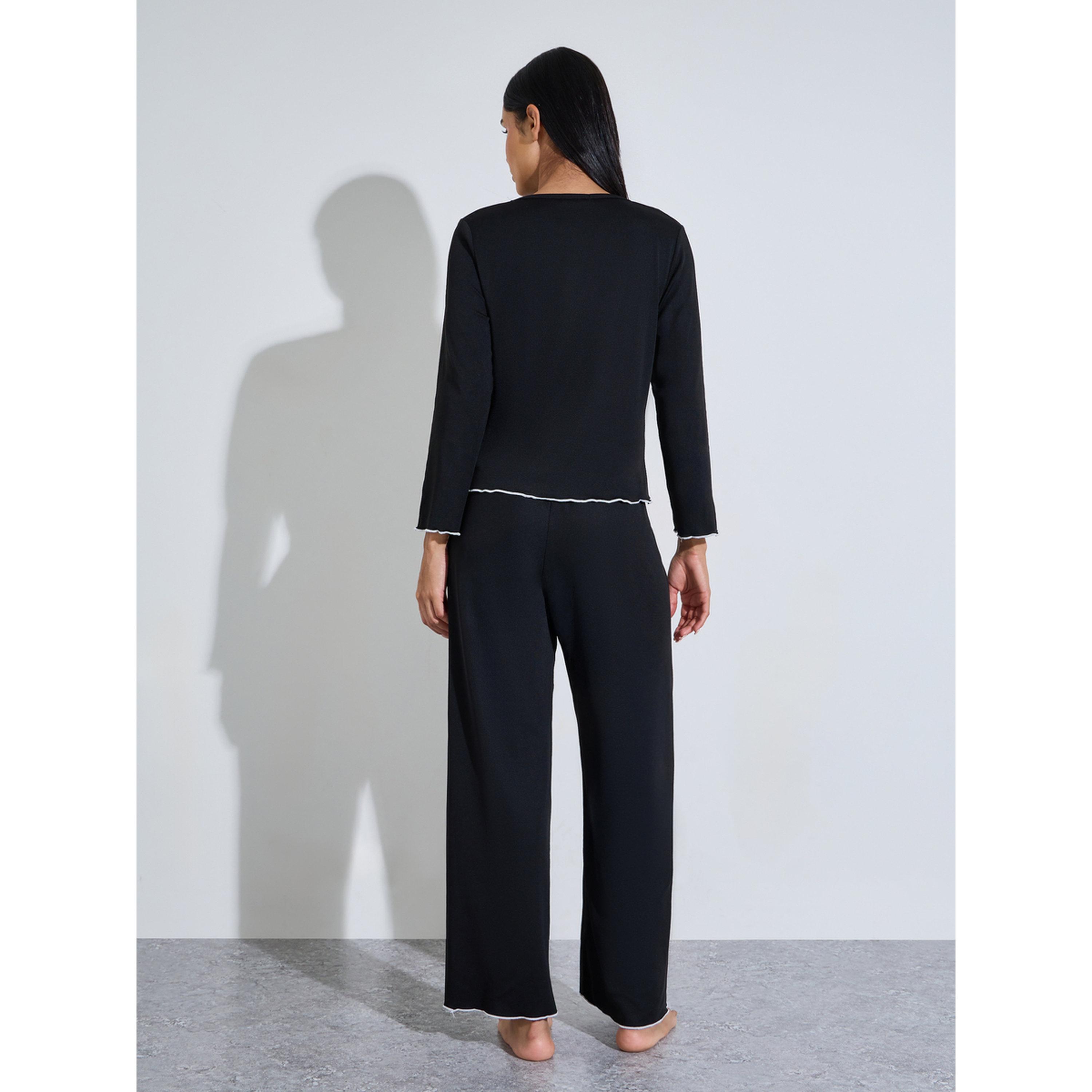 طقم بيجاما من بنطال وبلوزة بحواف متباينة وياقة دانتيل سادة باللون الأسود-women-clothing-nightwear-pyjamas-longsets-image-3
