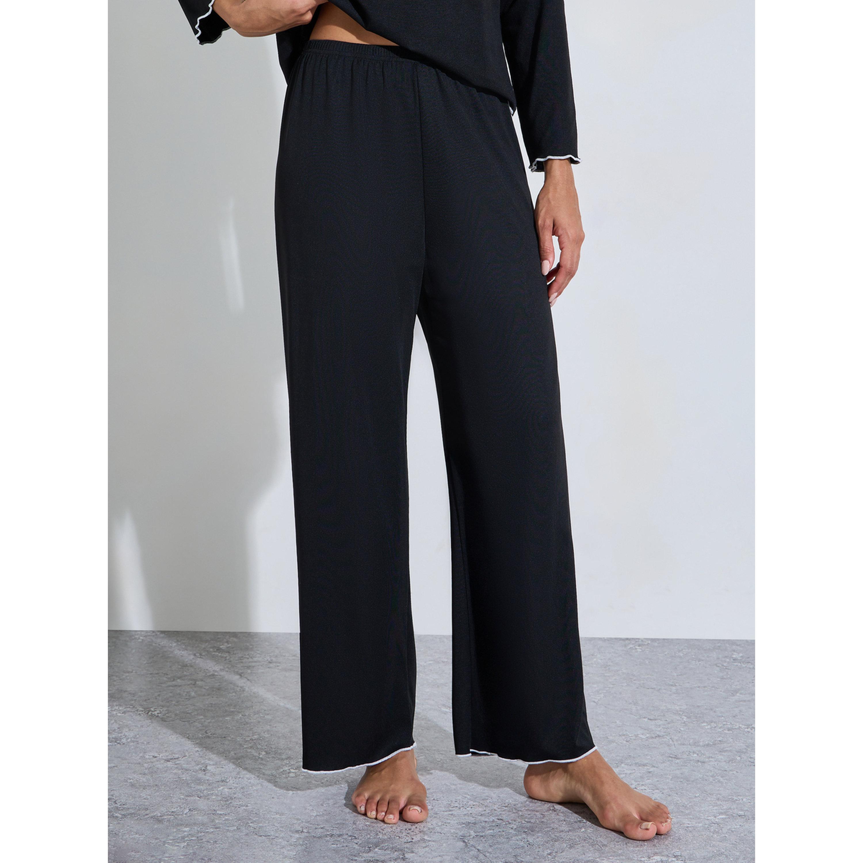 طقم بيجاما من بنطال وبلوزة بحواف متباينة وياقة دانتيل سادة باللون الأسود-women-clothing-nightwear-pyjamas-longsets-image-4