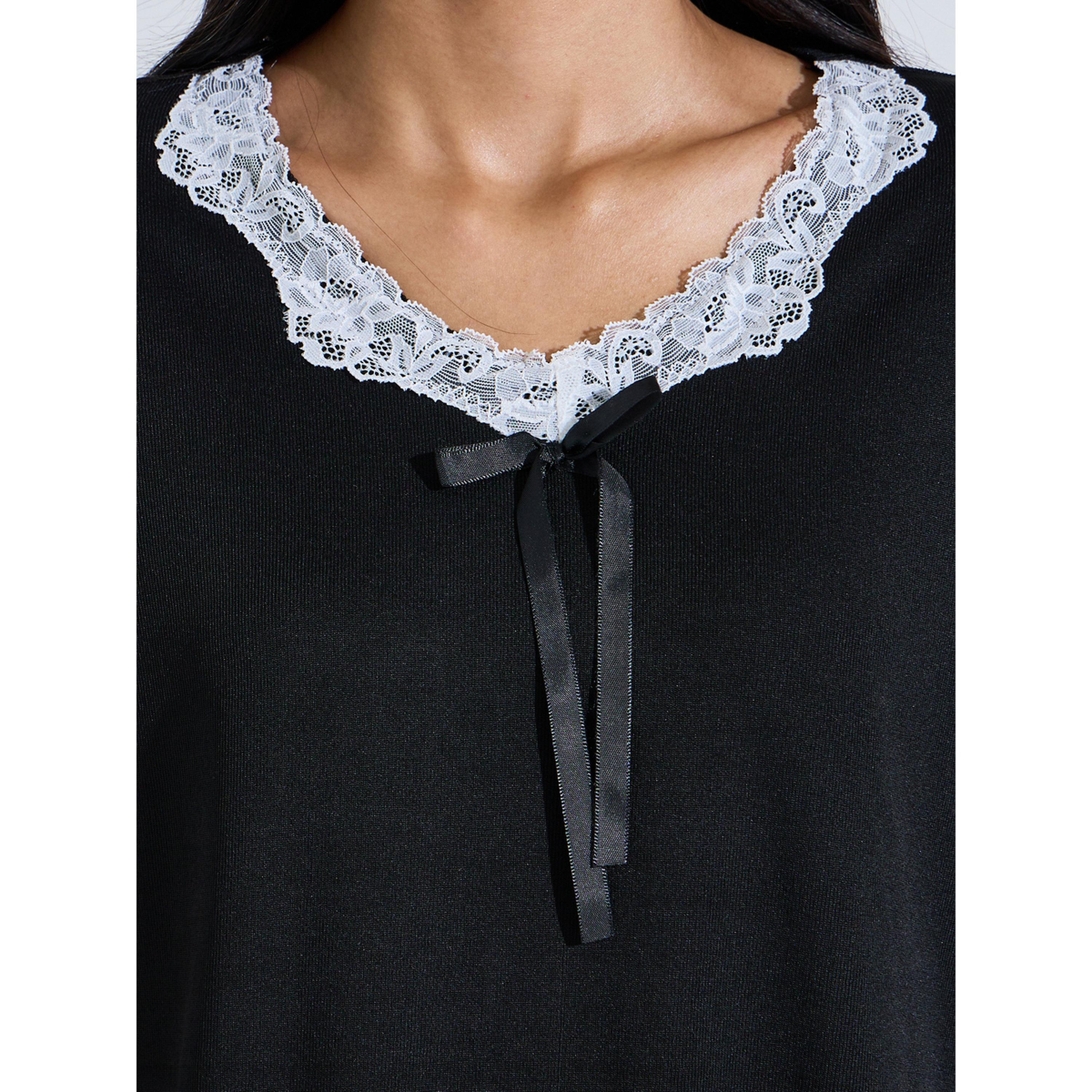 طقم بيجاما من بنطال وبلوزة بحواف متباينة وياقة دانتيل سادة باللون الأسود-women-clothing-nightwear-pyjamas-longsets-image-5